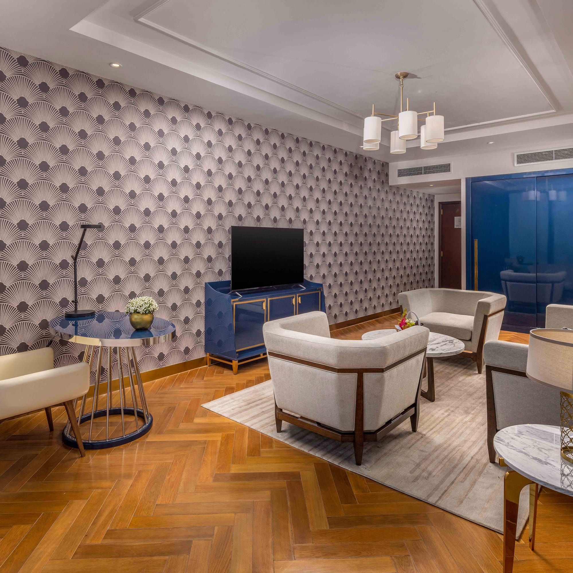 a room with a television and a table