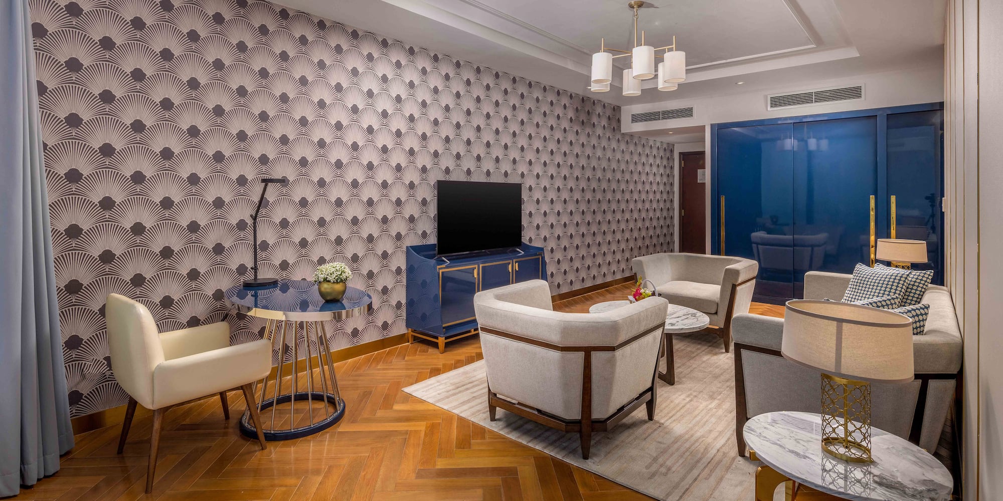 a room with a television and a table