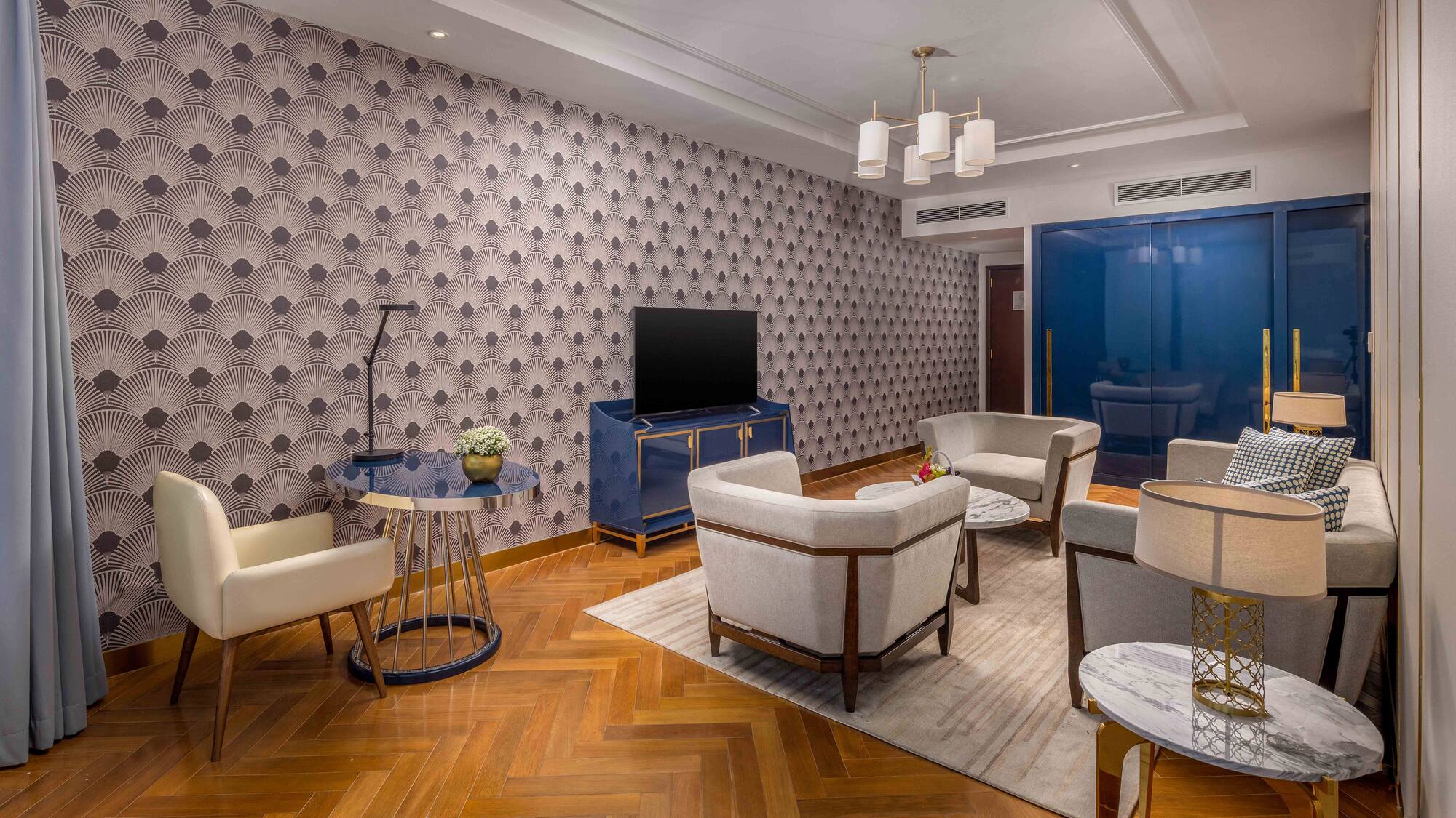 a room with a television and a table