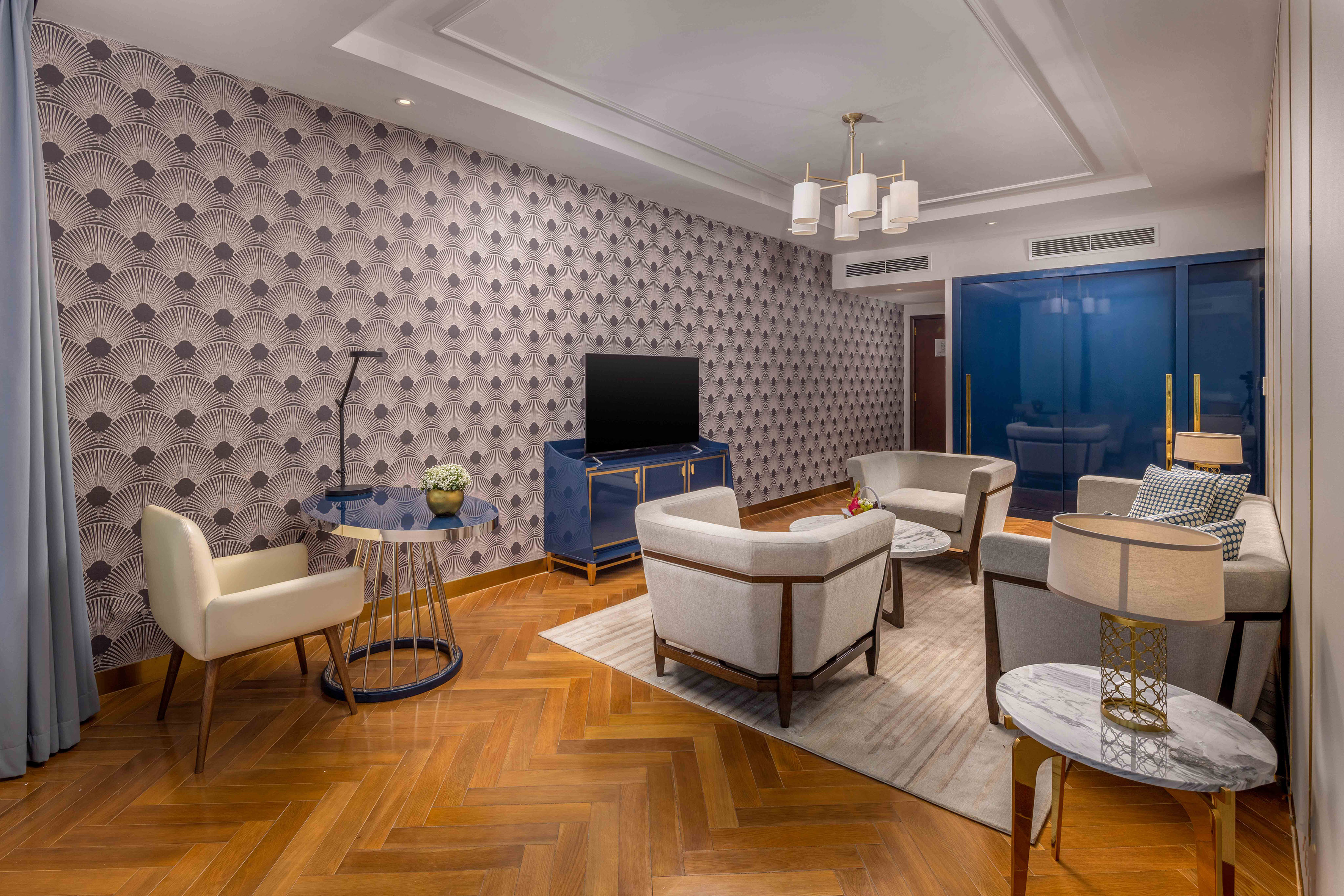 a room with a television and a table