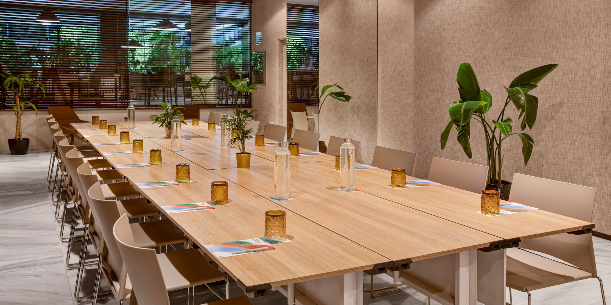 a long table with plants on it