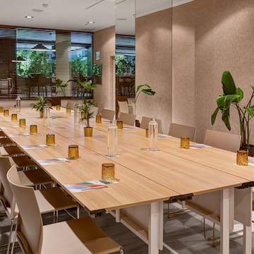 a long table with plants on it