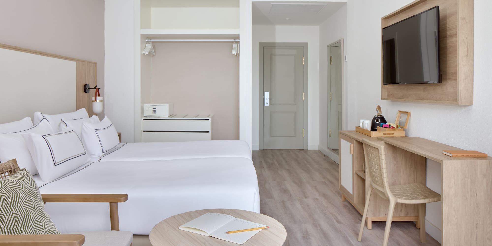 a room with a bed and a table