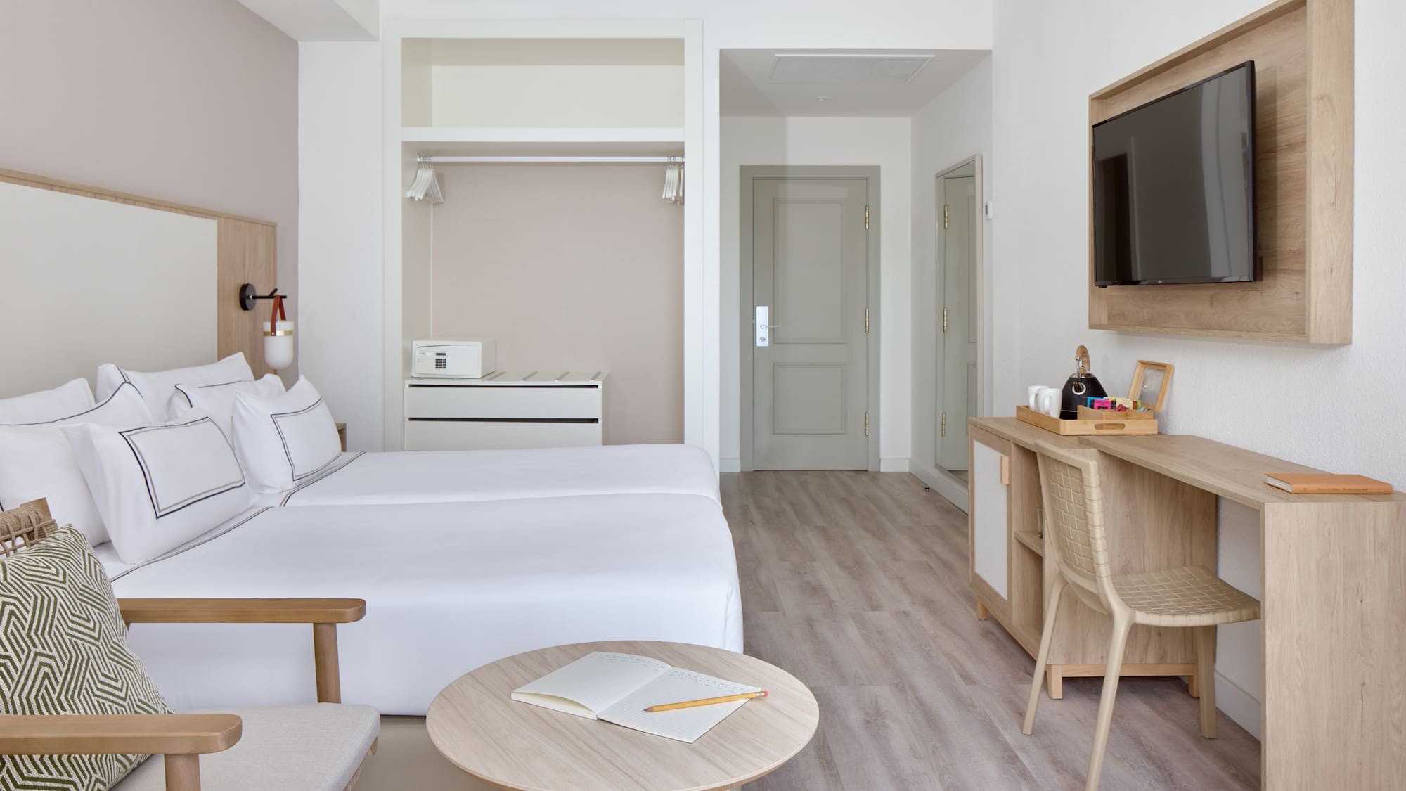 a room with a bed and a table