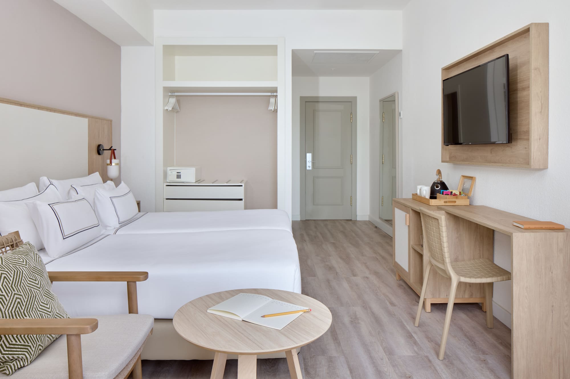 a room with a bed and a table