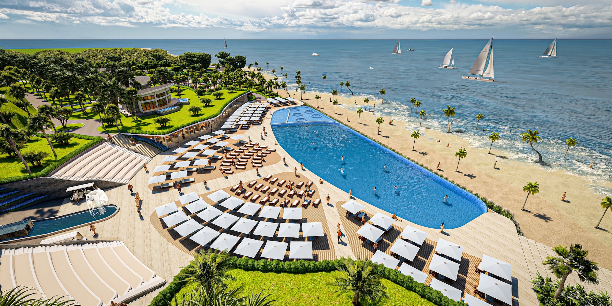 a pool and beach with palm trees and people on it
