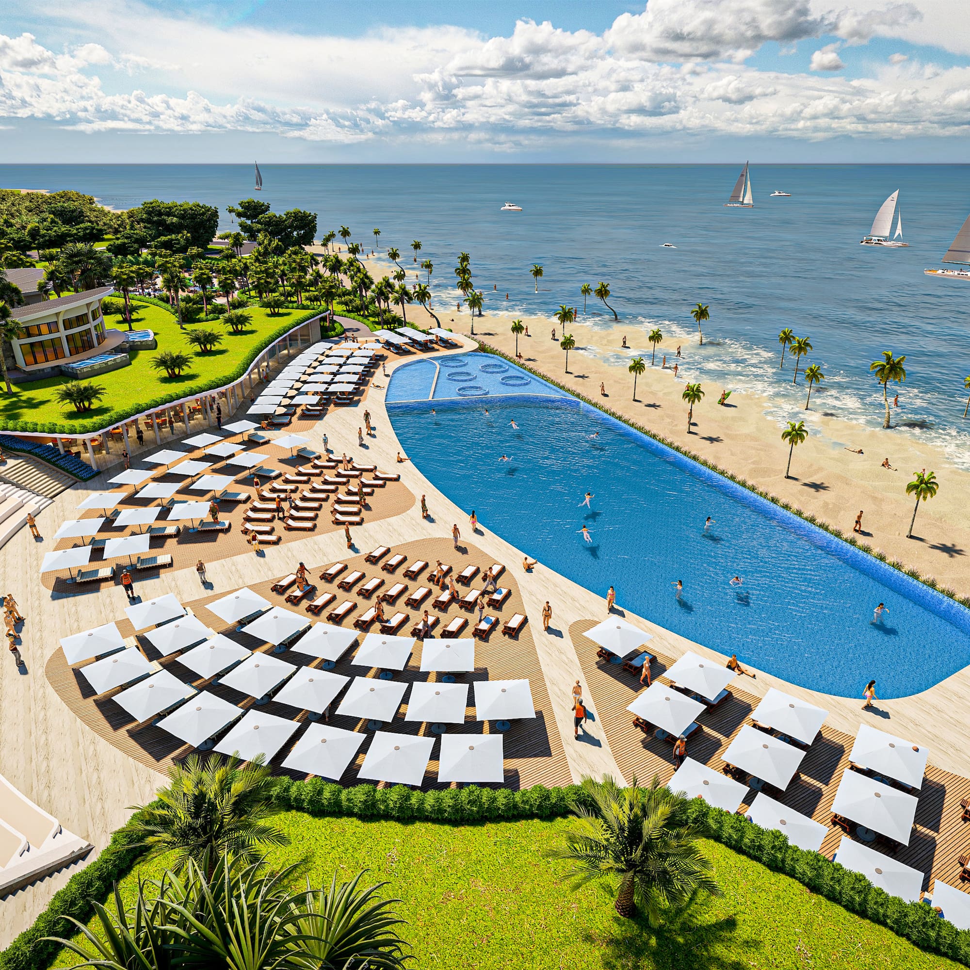 a pool and beach with palm trees and people on it