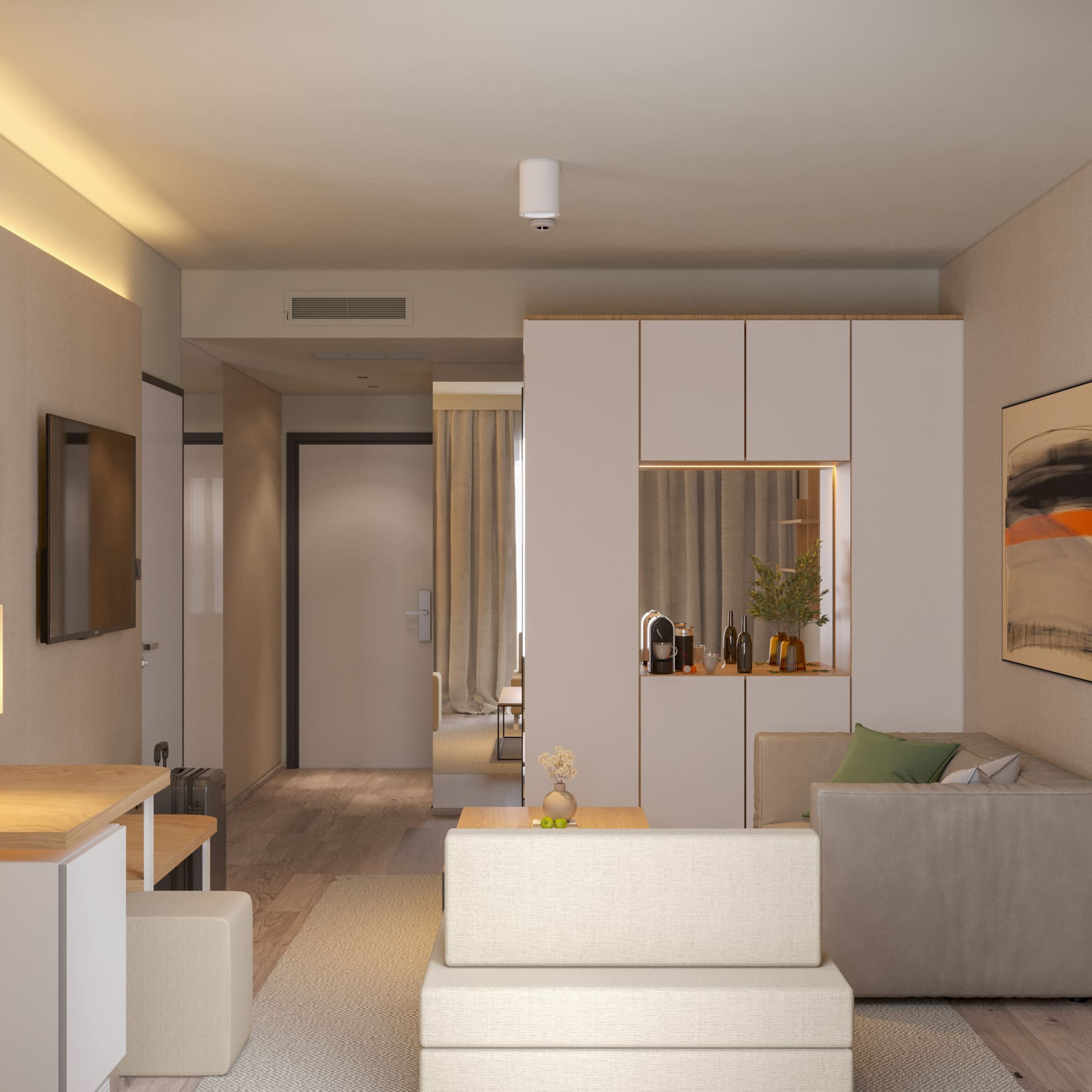 a living room with a tv and a couch