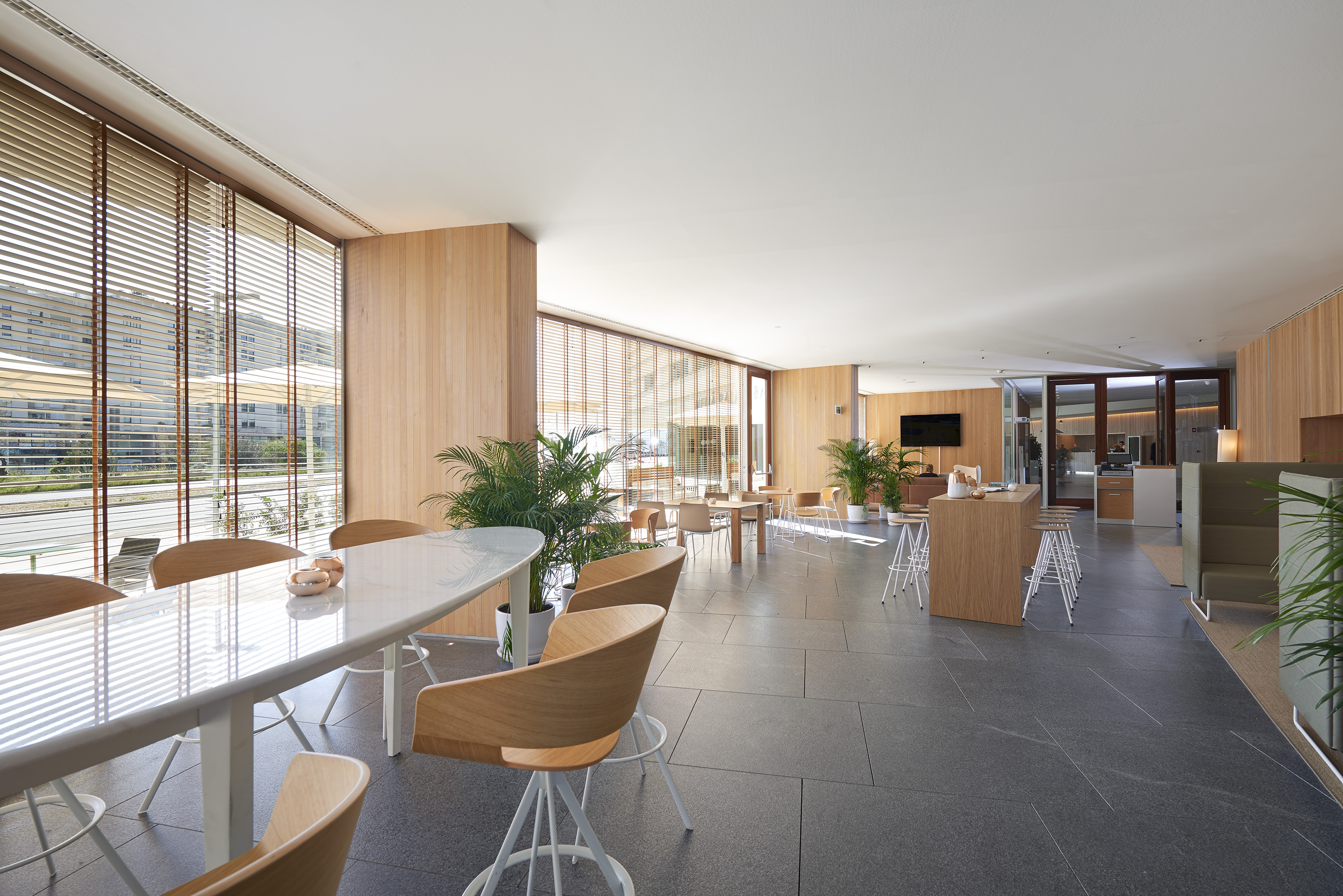 Espacio de trabajo moderno con ventanales, persianas de madera y plantas.