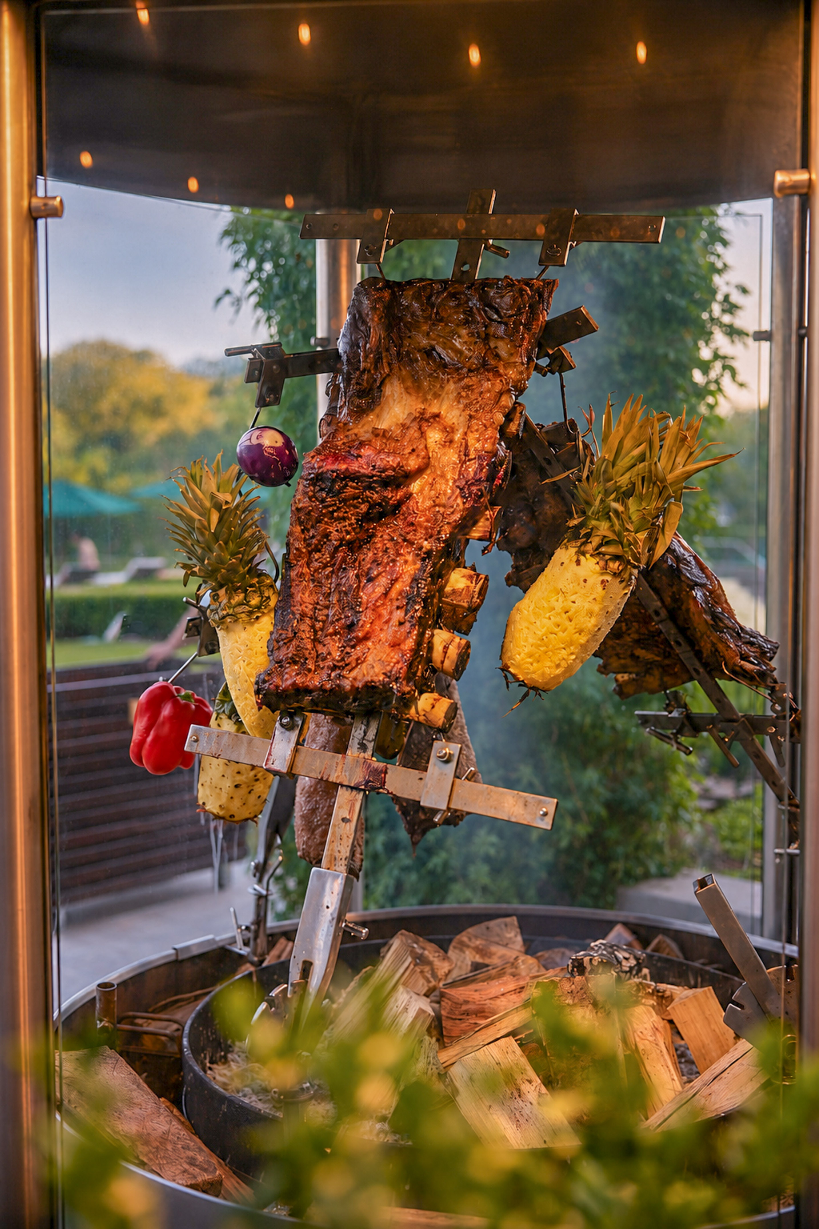 Costillas de res, piñas y verduras asándose al espeto sobre fuego de leña.