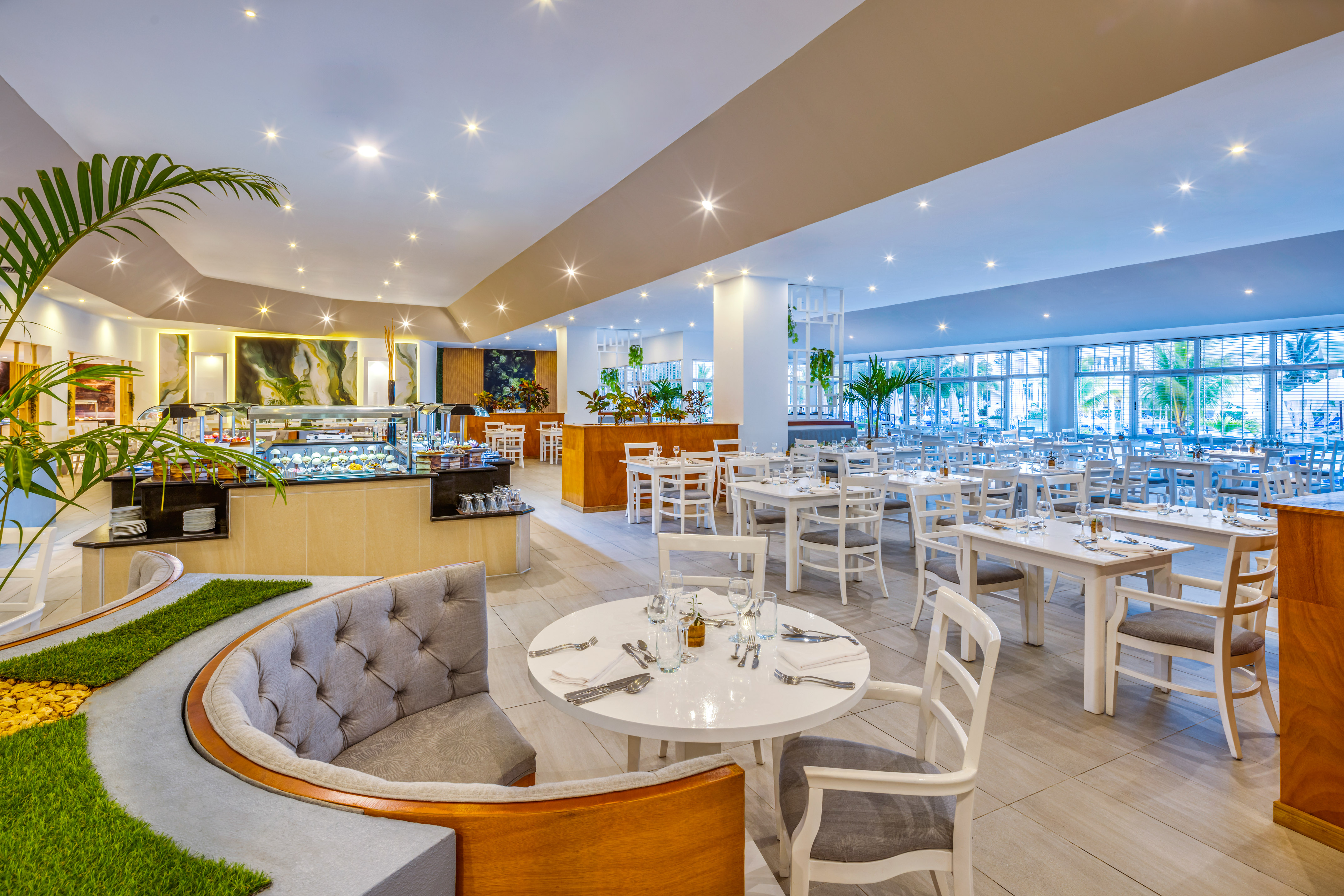 a room with tables and chairs