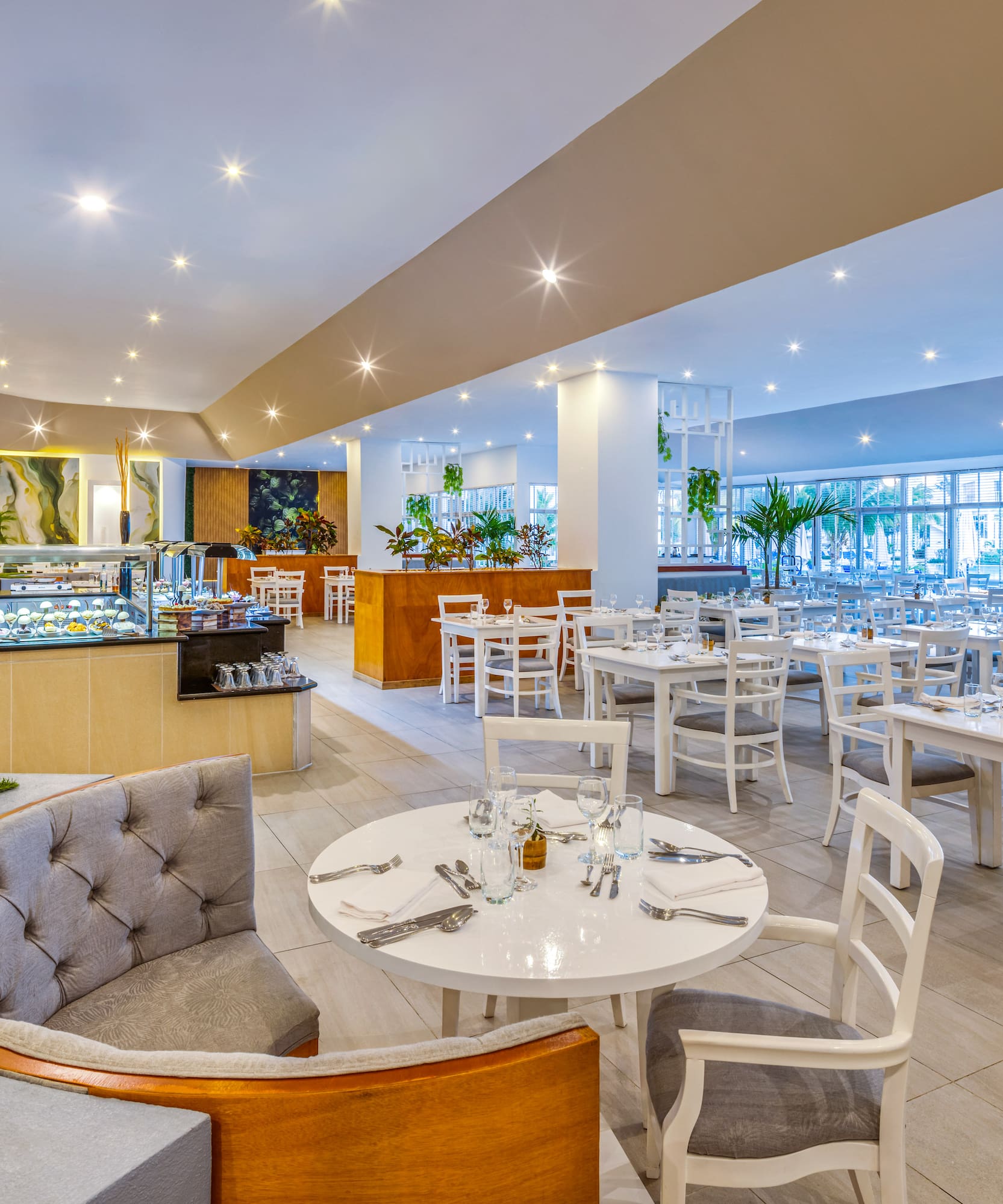 a room with tables and chairs