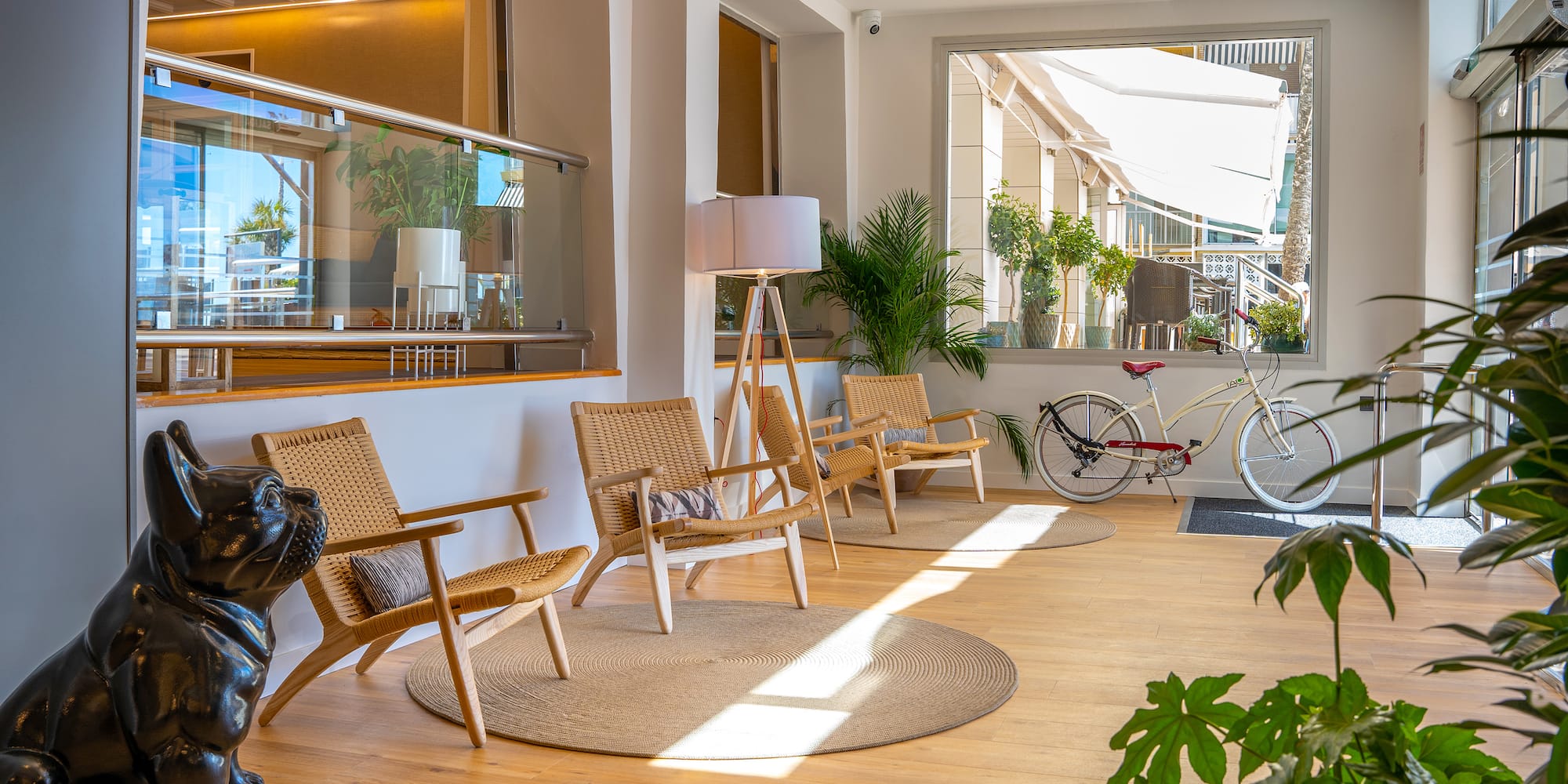 a room with a bike and chairs