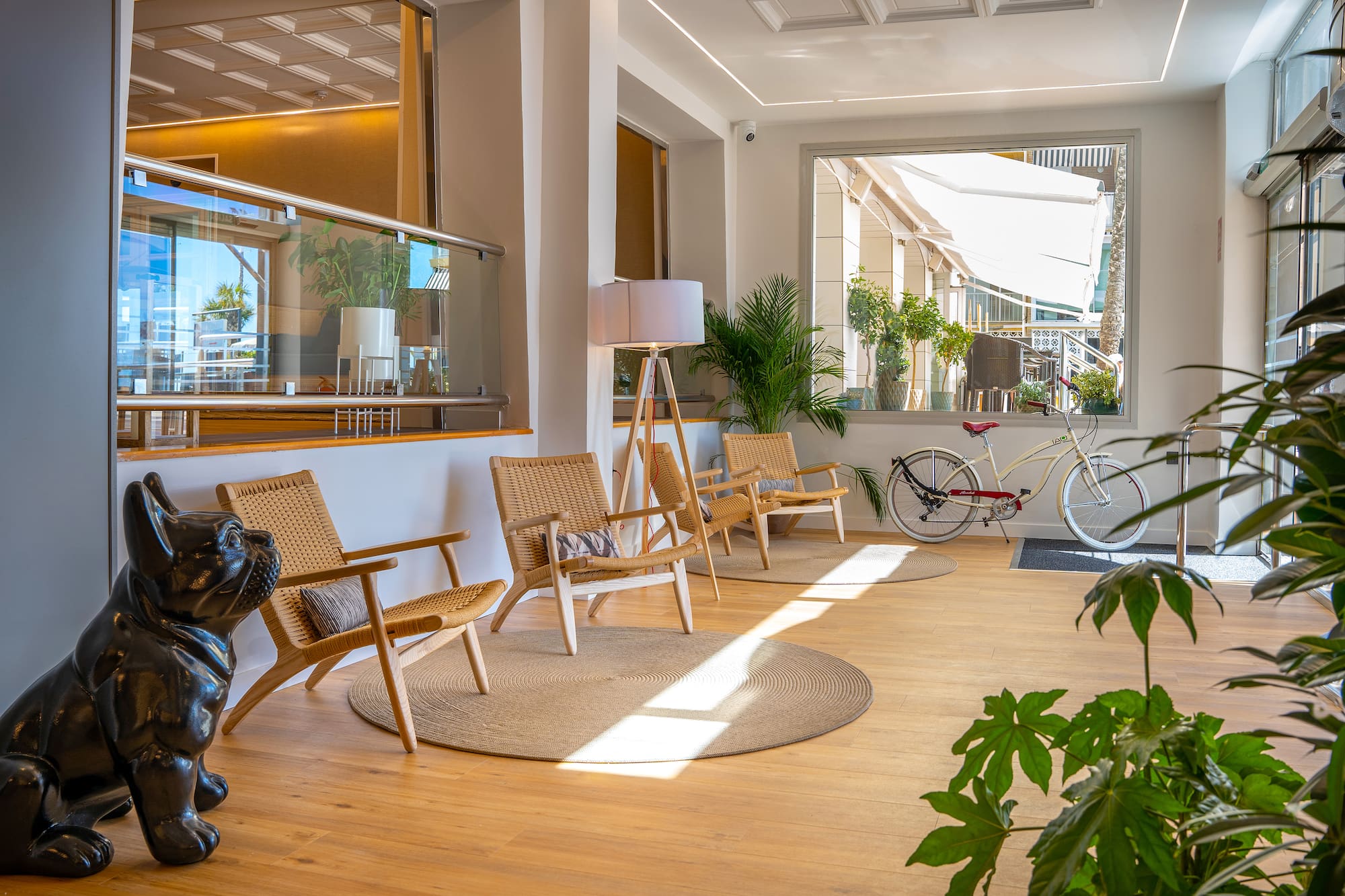 Modern hotel lobby with natural wood chairs, plants, and vintage bicycle.