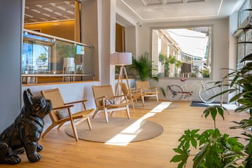 a room with a bike and chairs