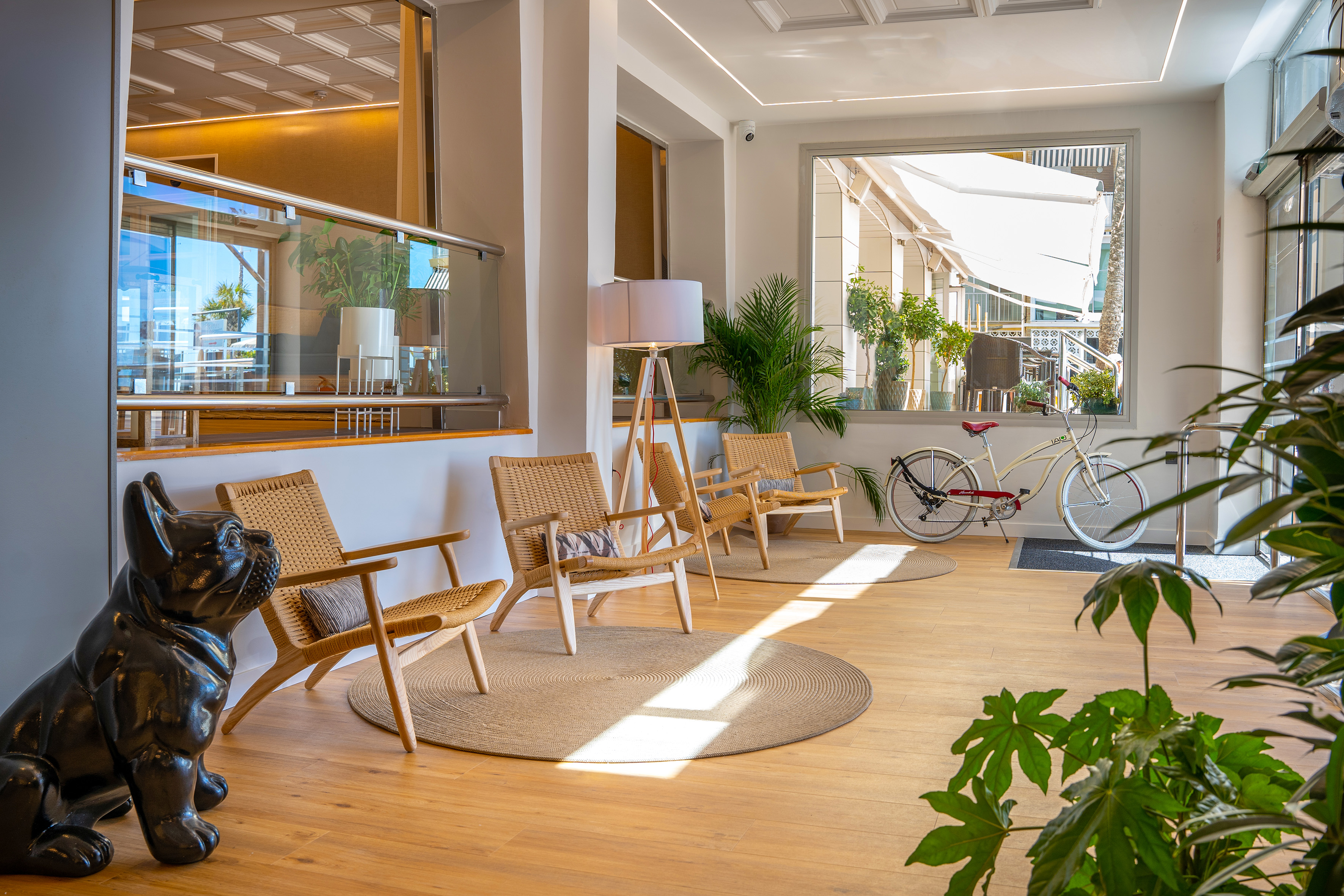 Modern hotel lobby with natural wood chairs, plants, and vintage bicycle.