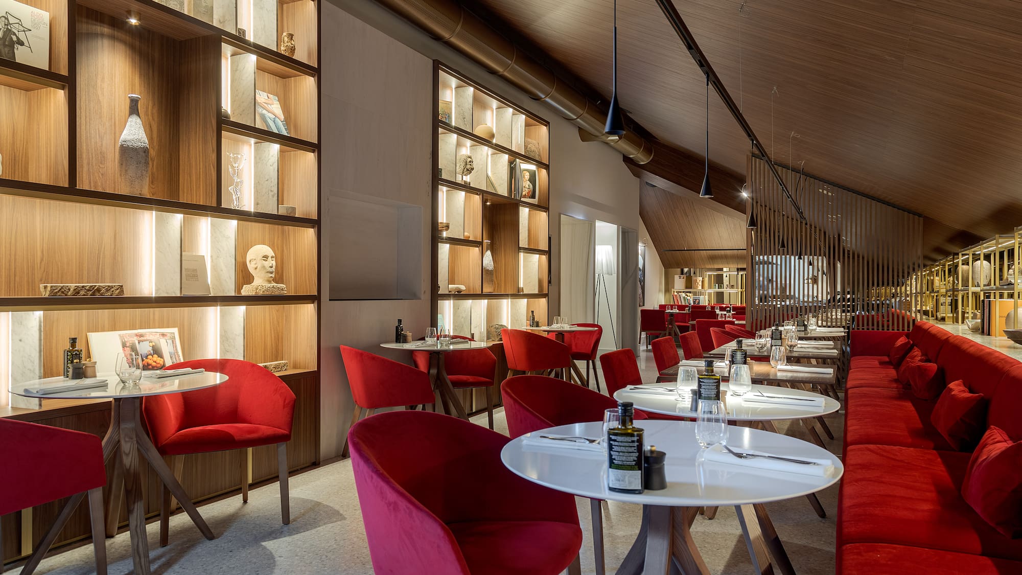 a room with tables and chairs