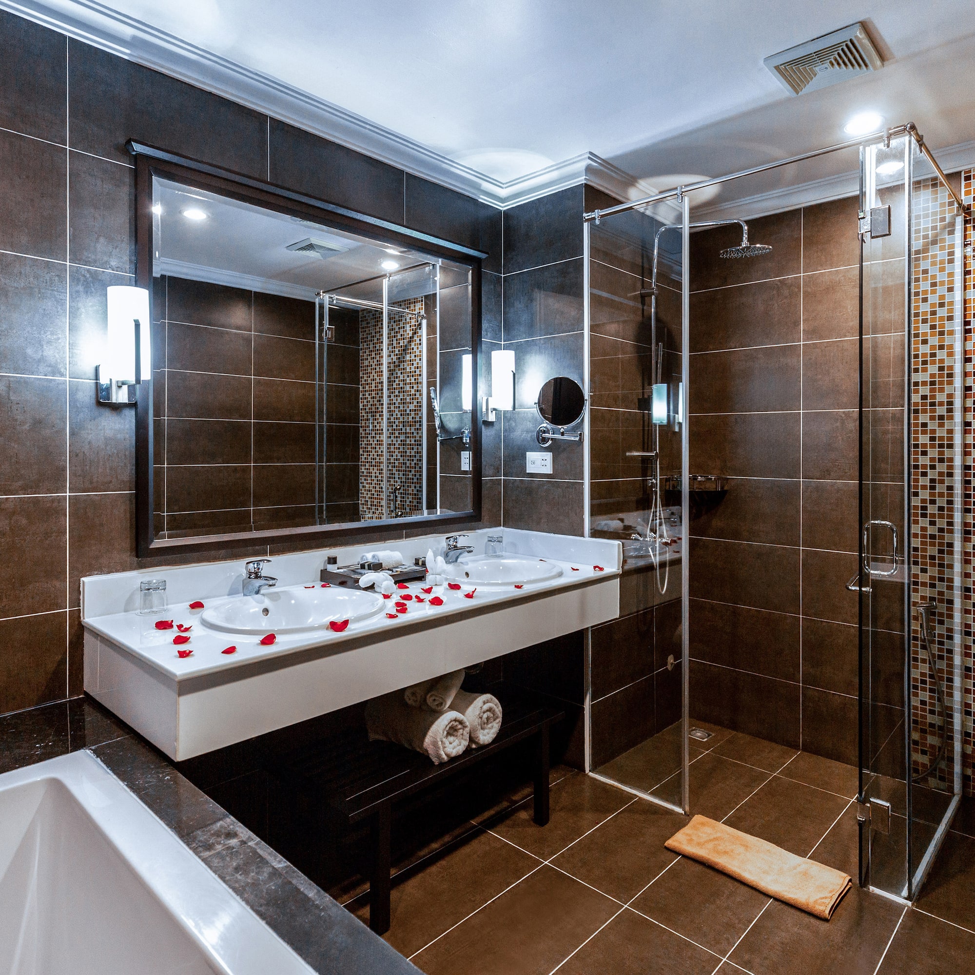 a bathroom with a shower and sink