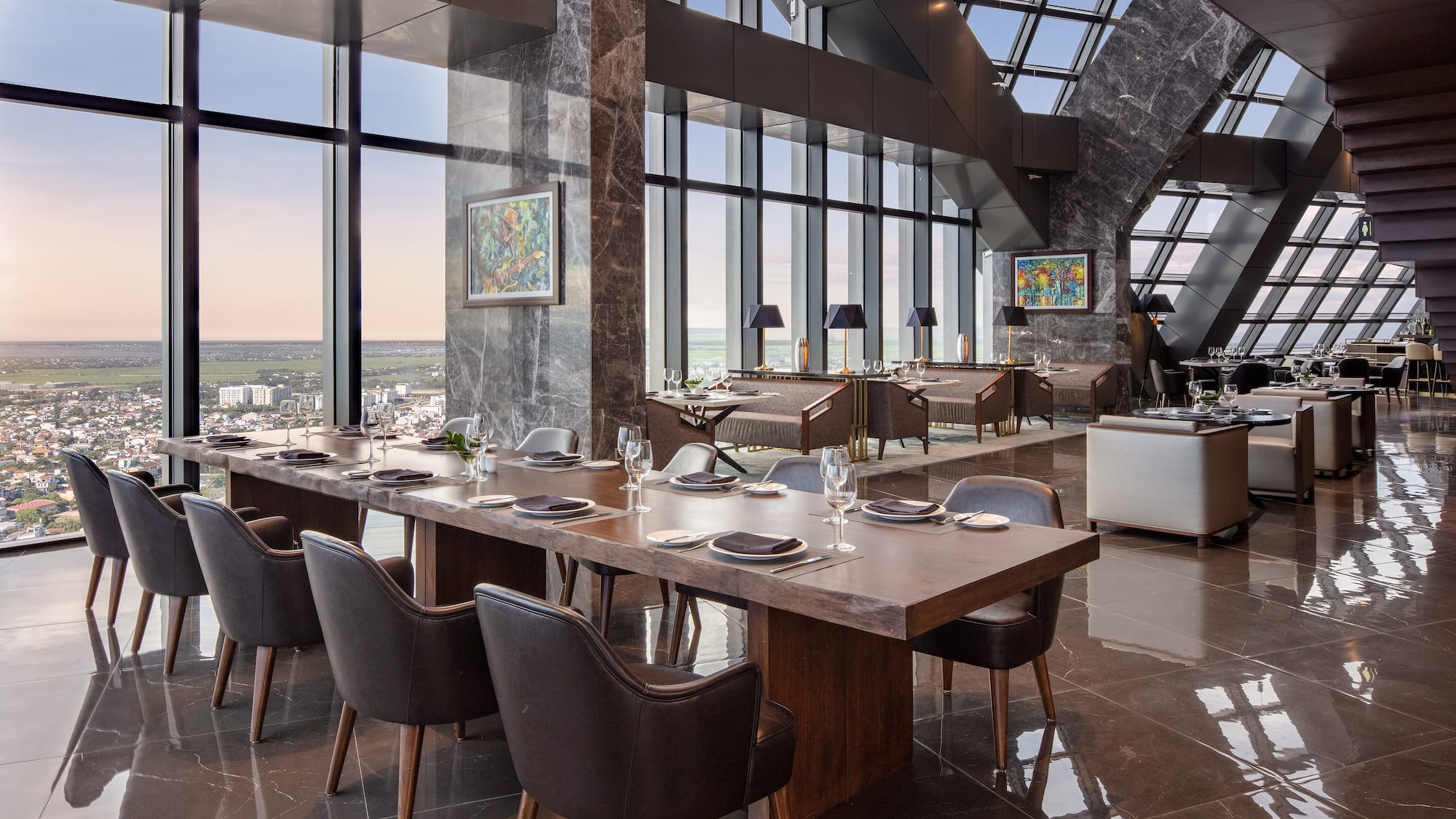 a large room with a large table and chairs