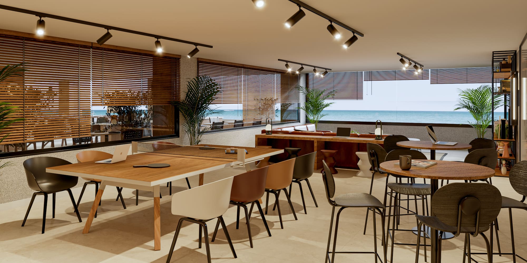 a room with tables and chairs