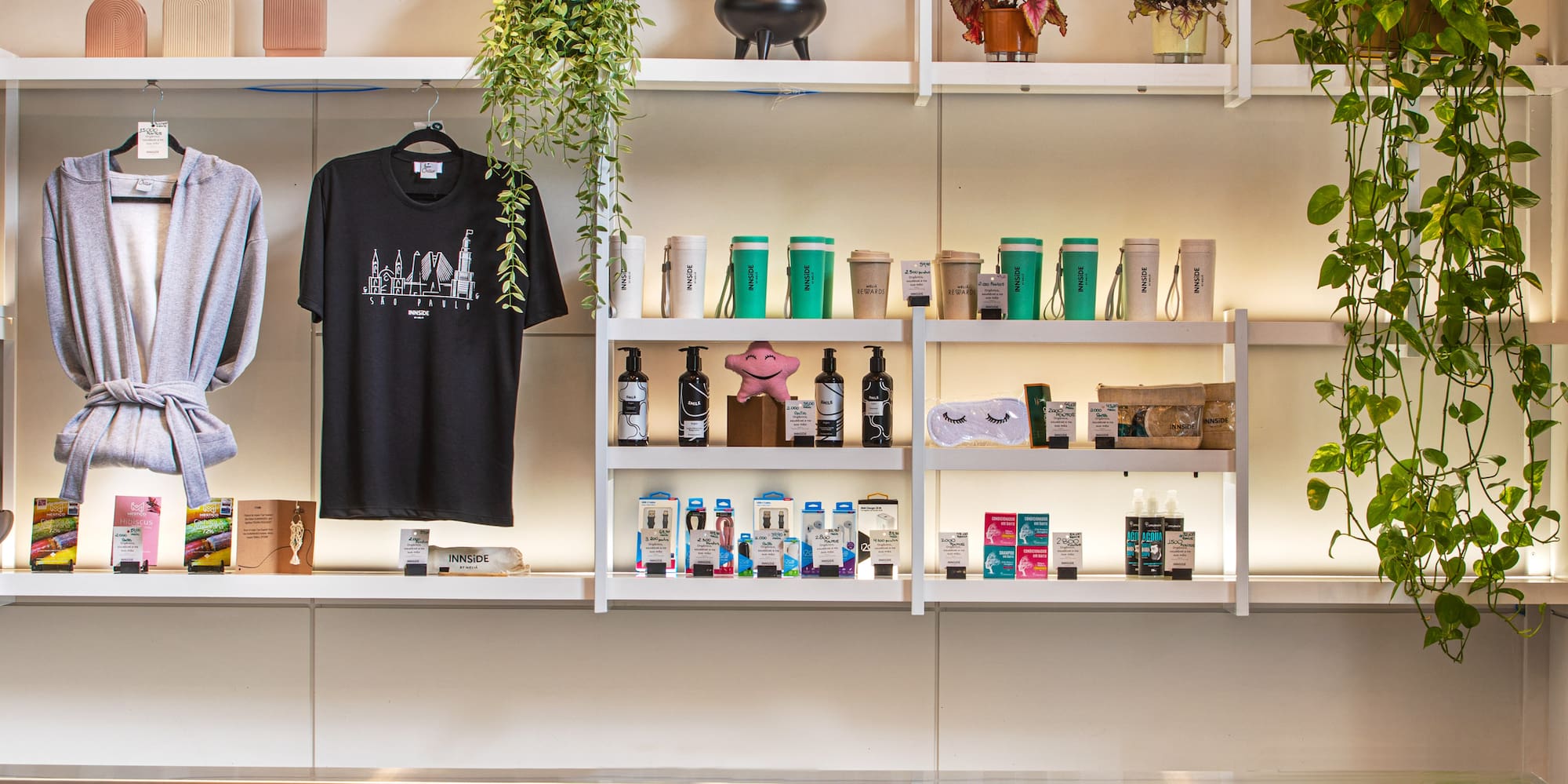 a room with shelves and shelves with plants and a couch