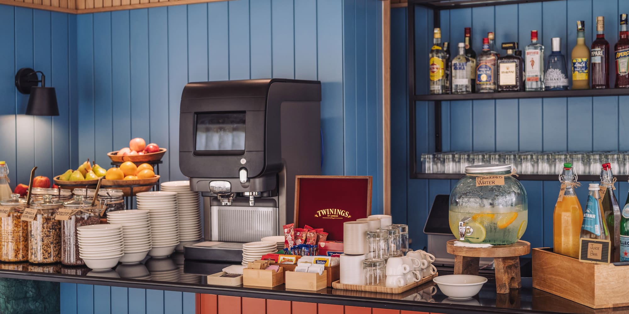 a coffee machine and a variety of dishes