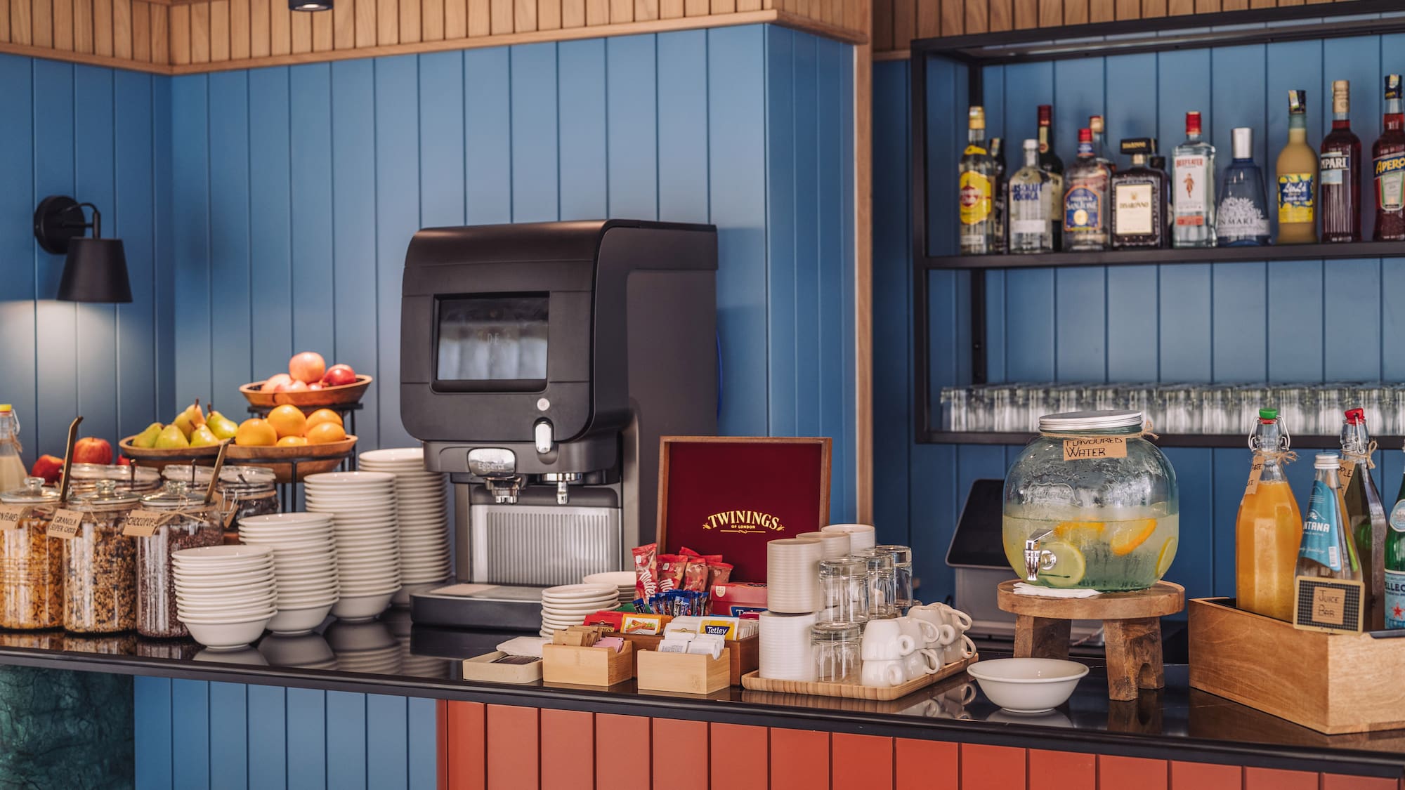 a coffee machine and a variety of dishes