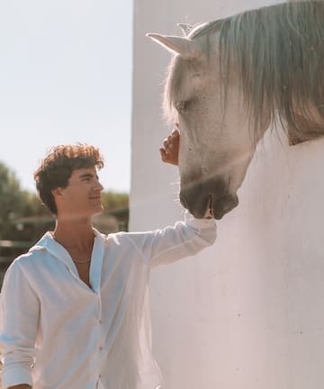 a man touching a horse's head