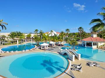 a swimming pool with a bridge and palm trees