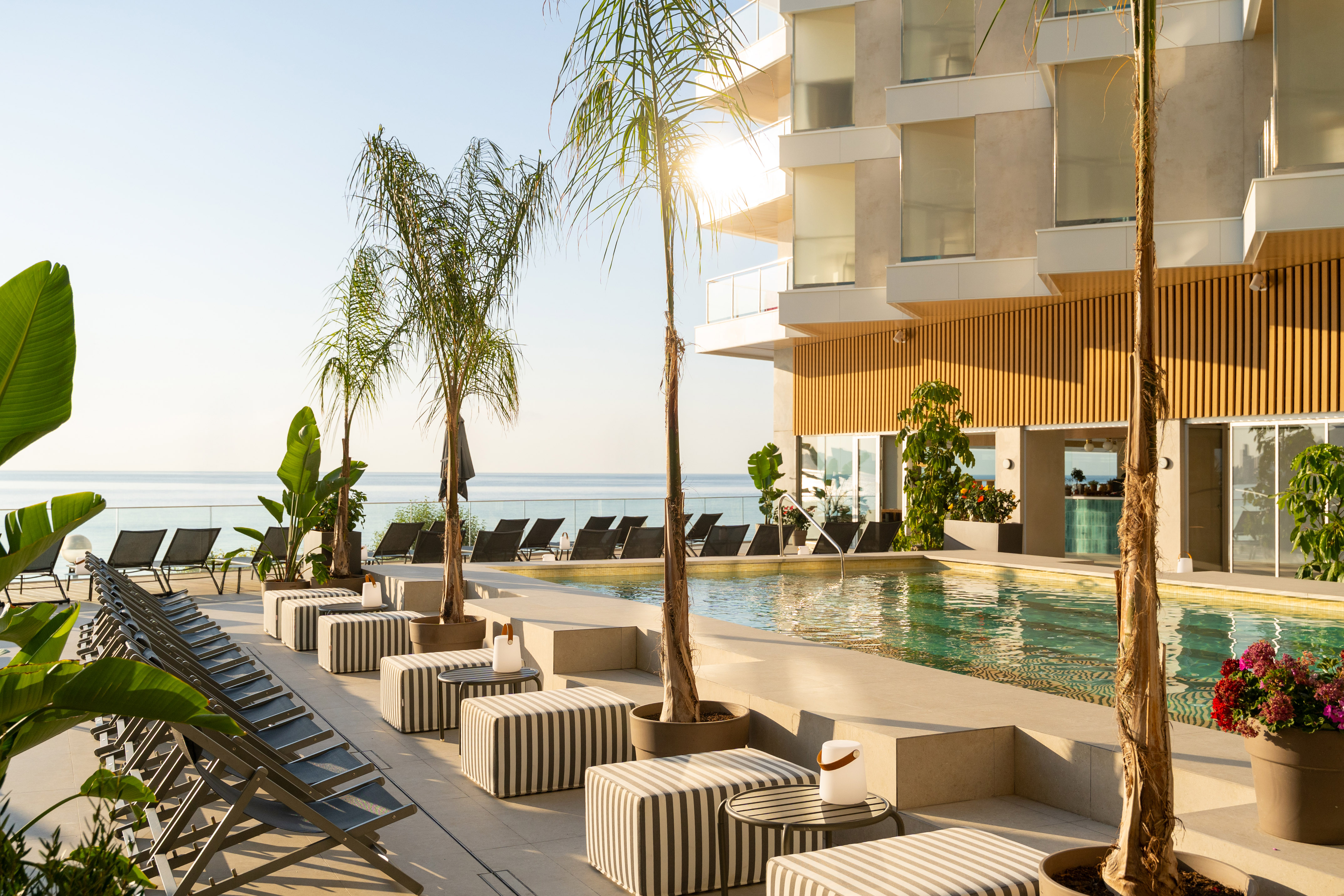 Modern hotel pool deck with palm trees, ocean view, and outdoor lounge chairs.