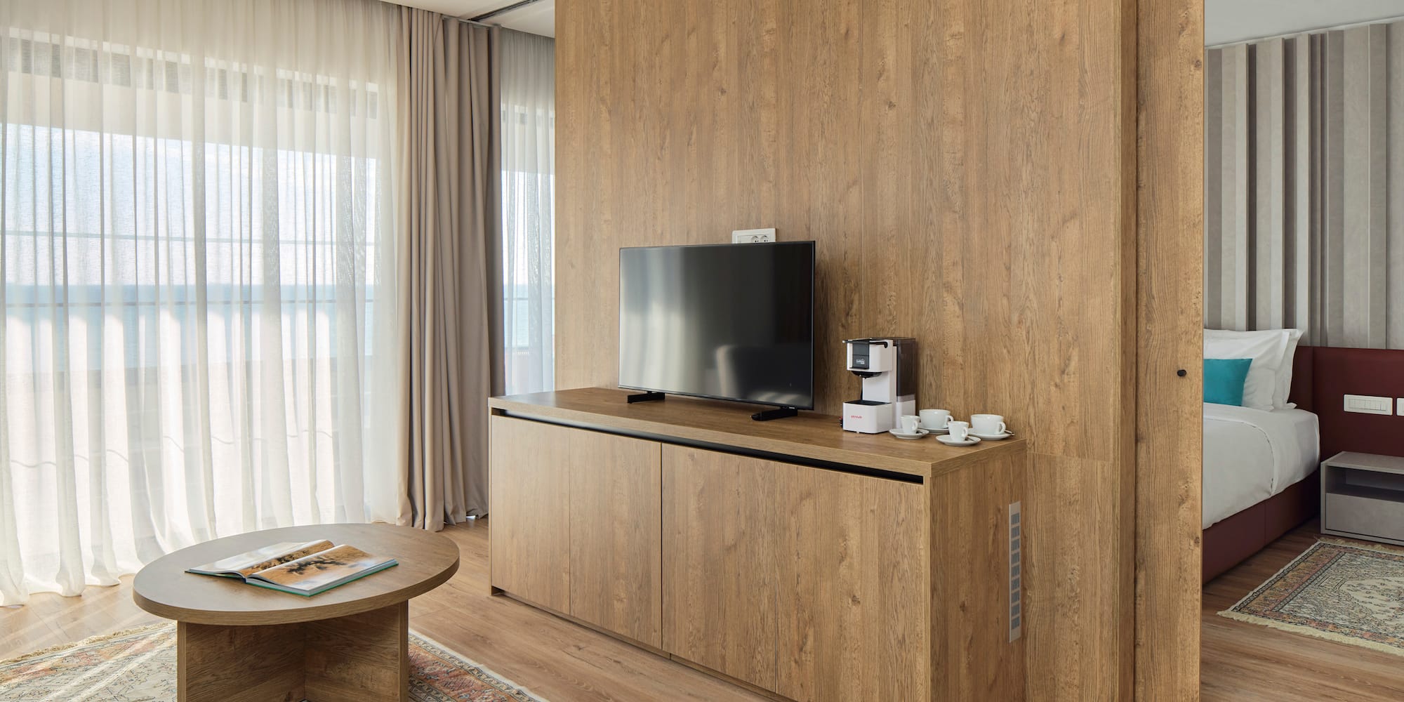 a tv on a table in a room