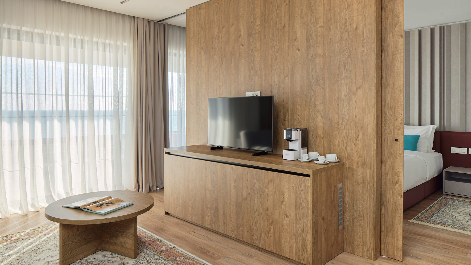 a tv on a table in a room