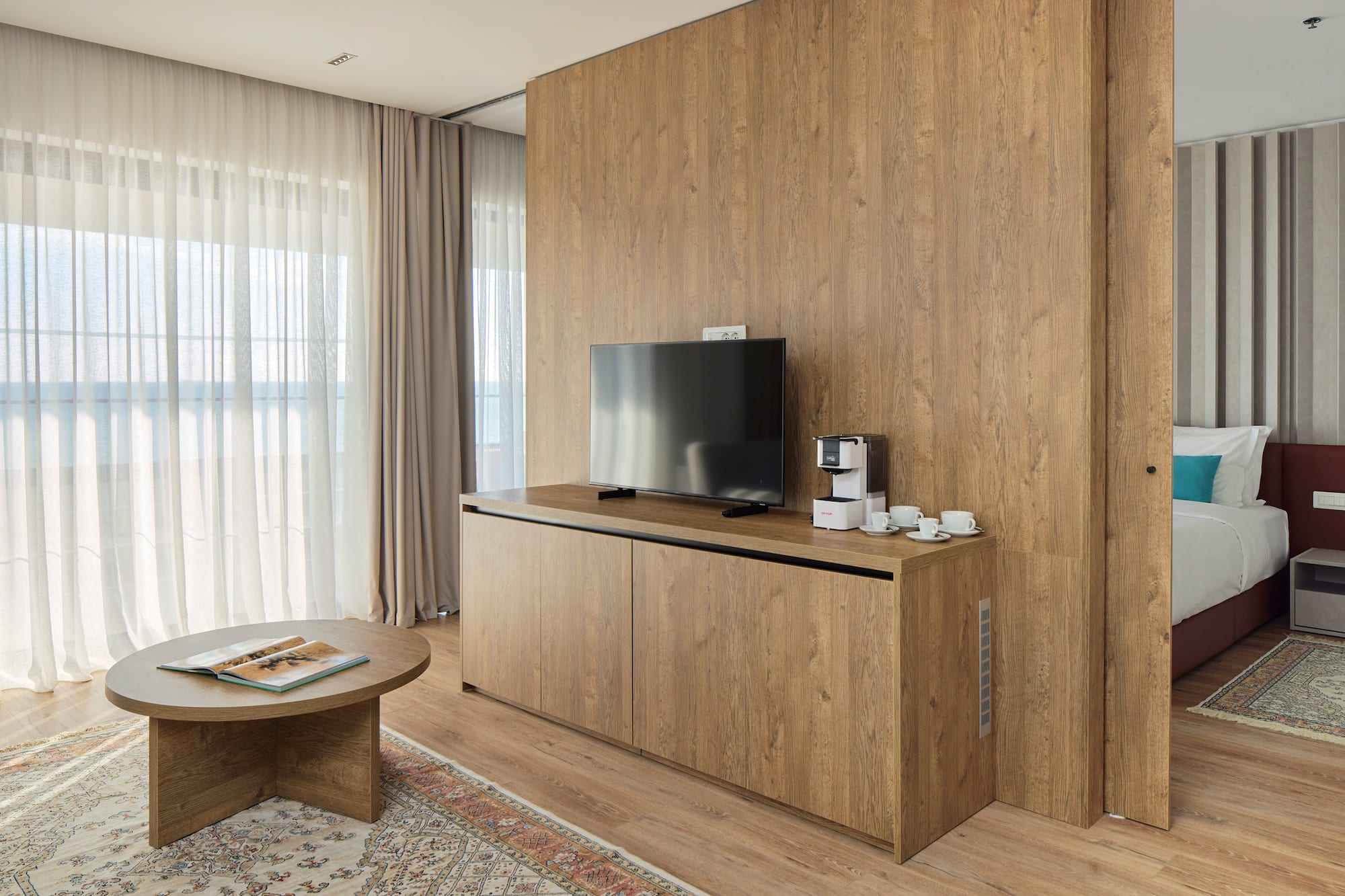 a tv on a table in a room