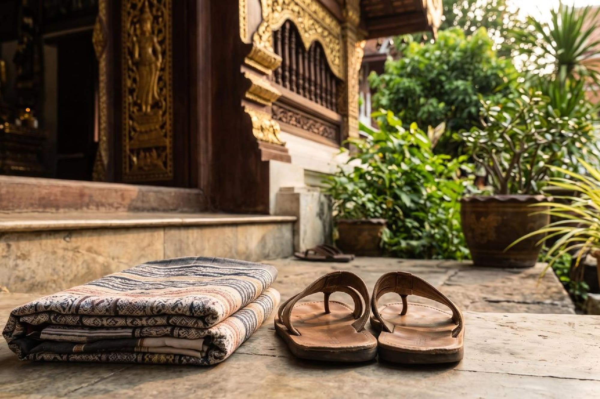 Brown leather sandals and folded mat outside a carved Thai temple.