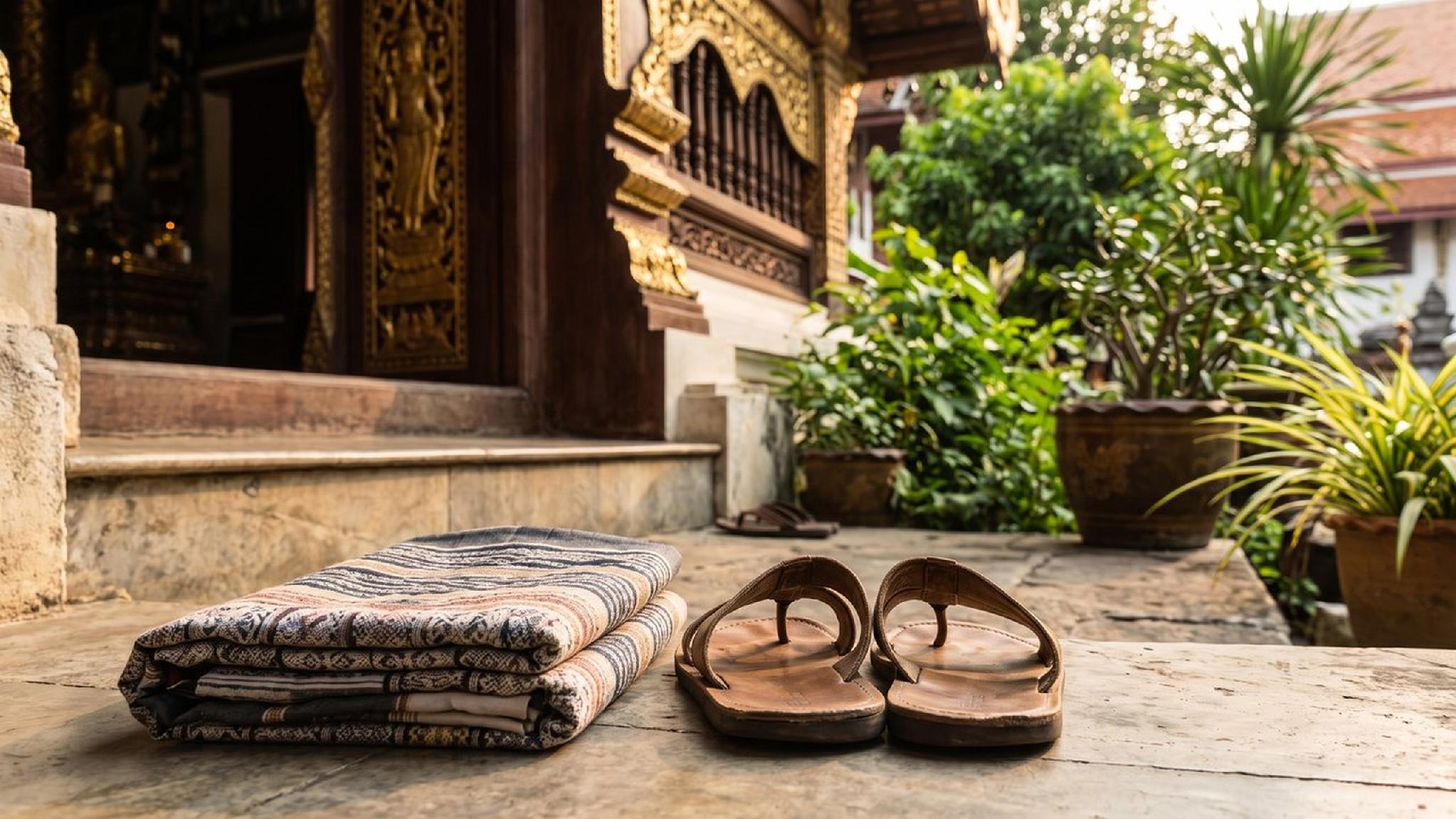 Brown leather sandals and folded mat outside a carved Thai temple.