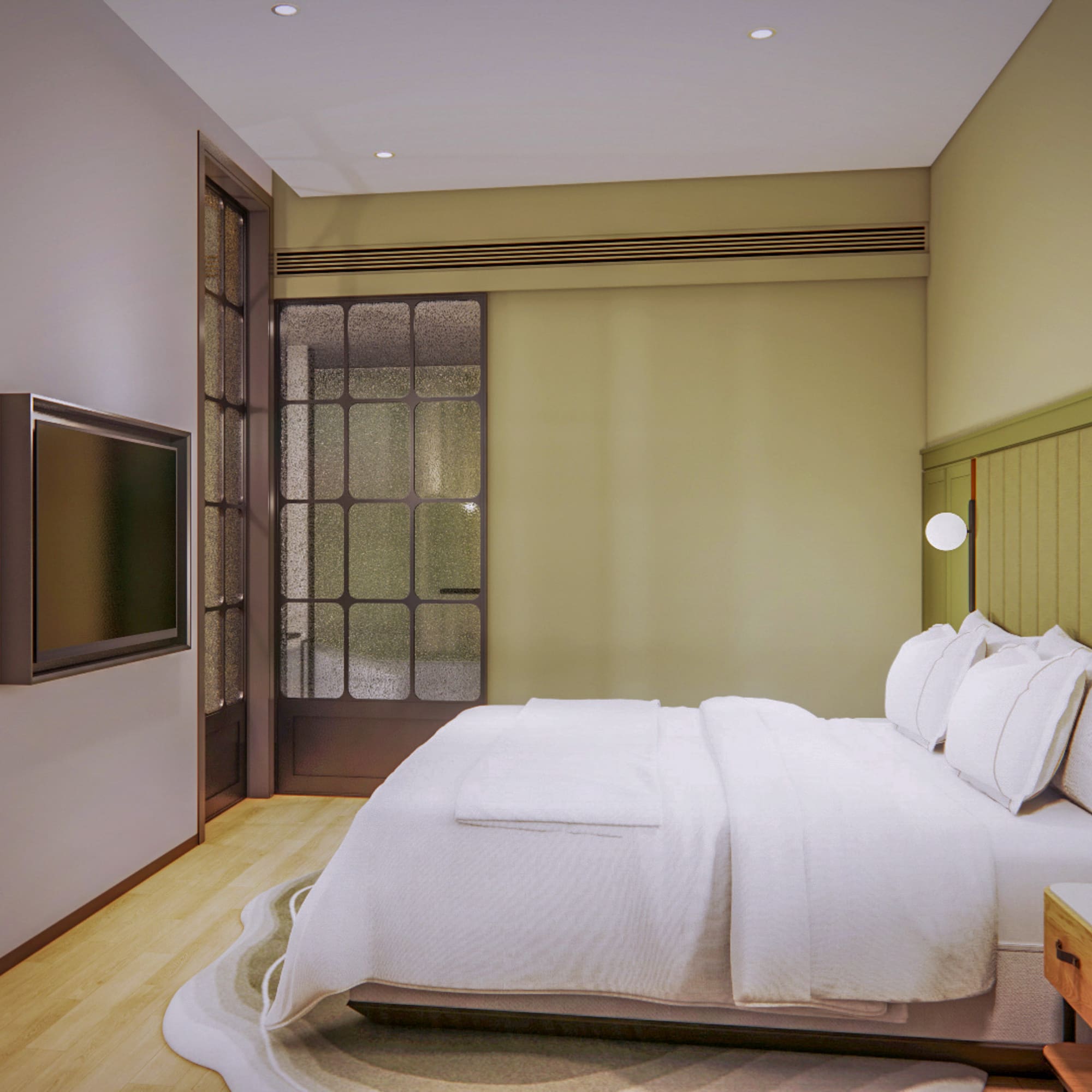 a bed with a tv in a room