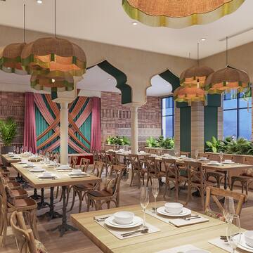 a room with tables and chairs