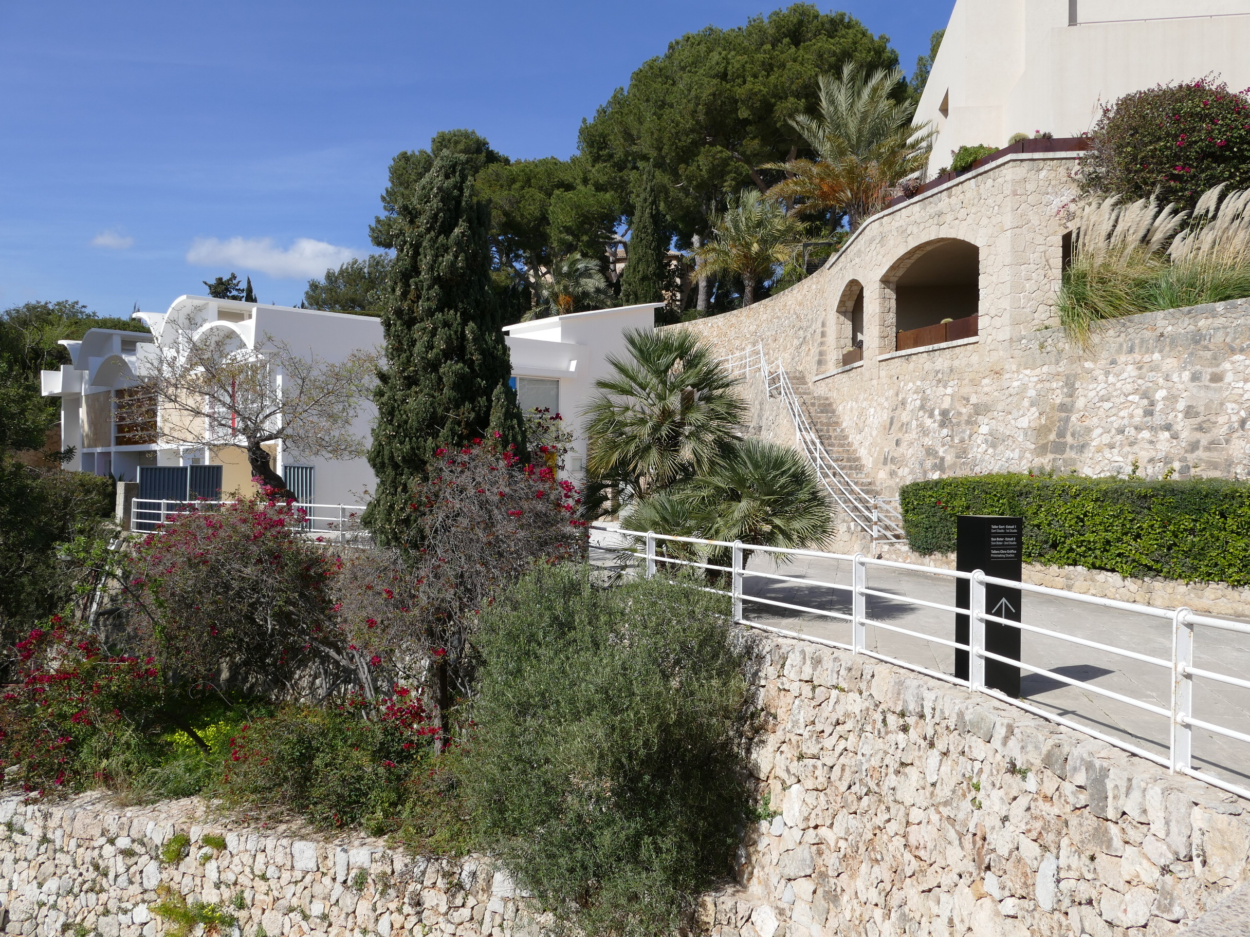 a stone wall with trees and bushes