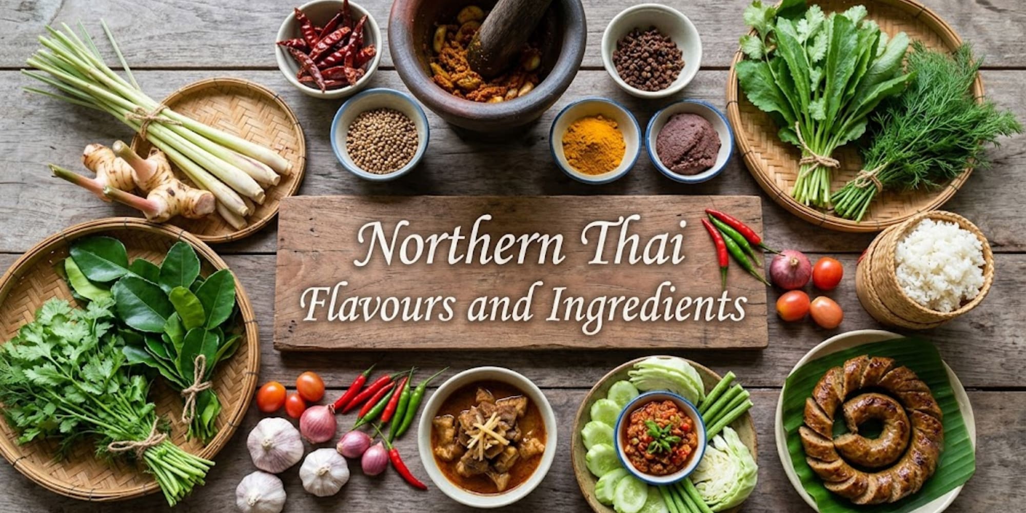 Northern Thai food: ingredients, spices, herbs, curry, sausage, sticky rice.