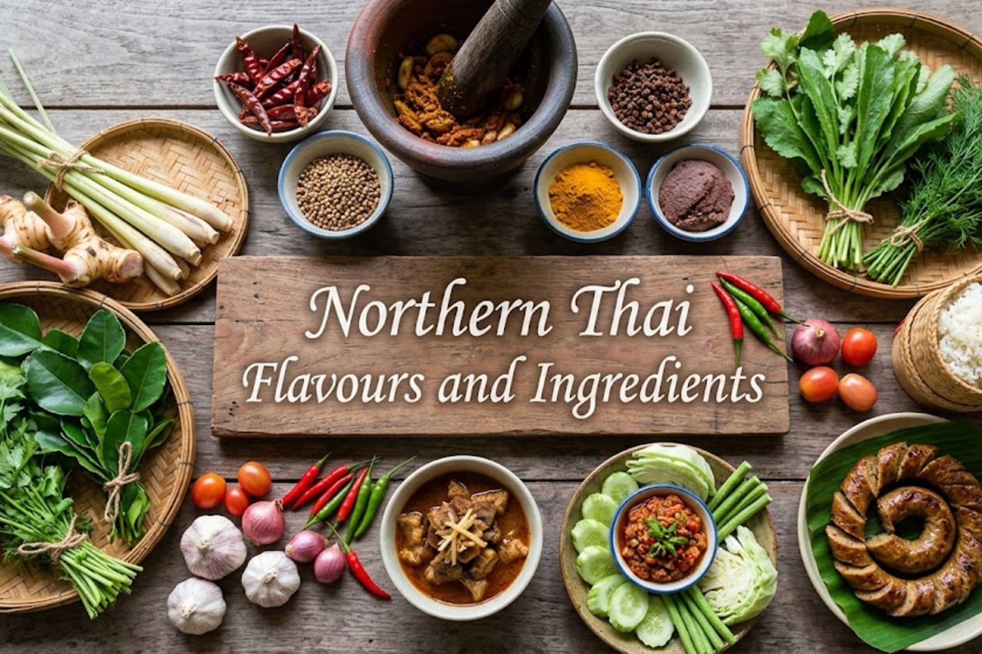 Northern Thai food: fresh herbs, spices, curry, sausage, sticky rice on wood.