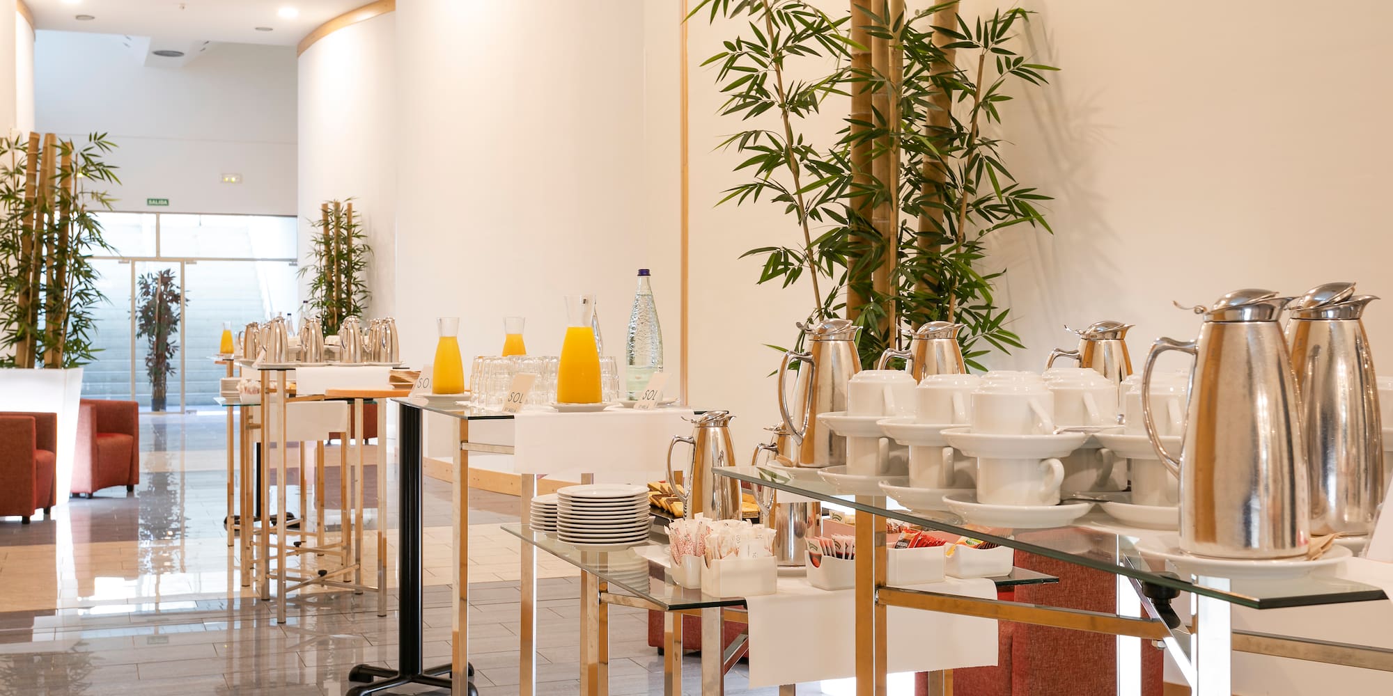 a room with a table with a glass table and a glass table with a plant