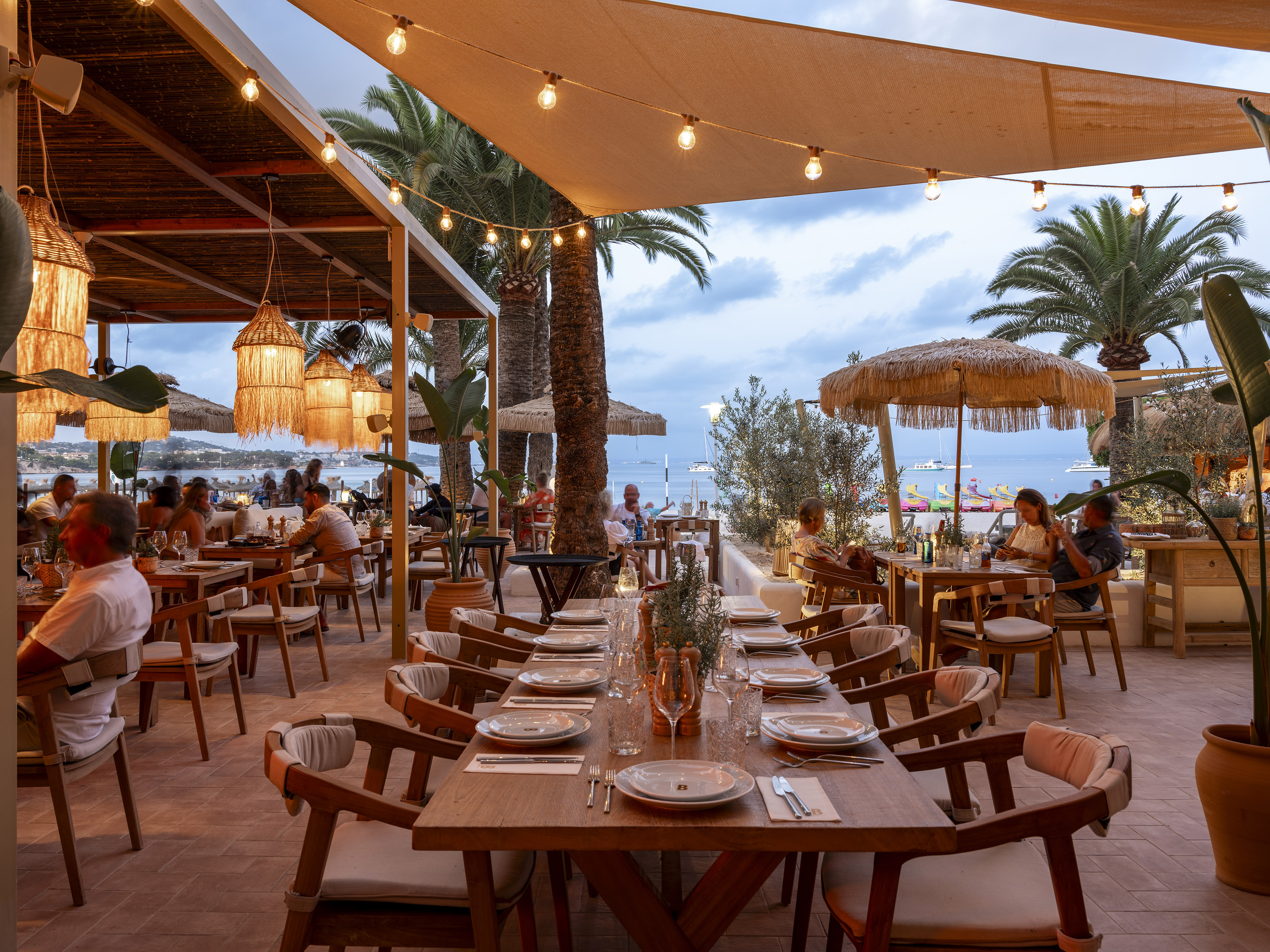Outdoor restaurant with string lights, palm trees, and ocean view at dusk.