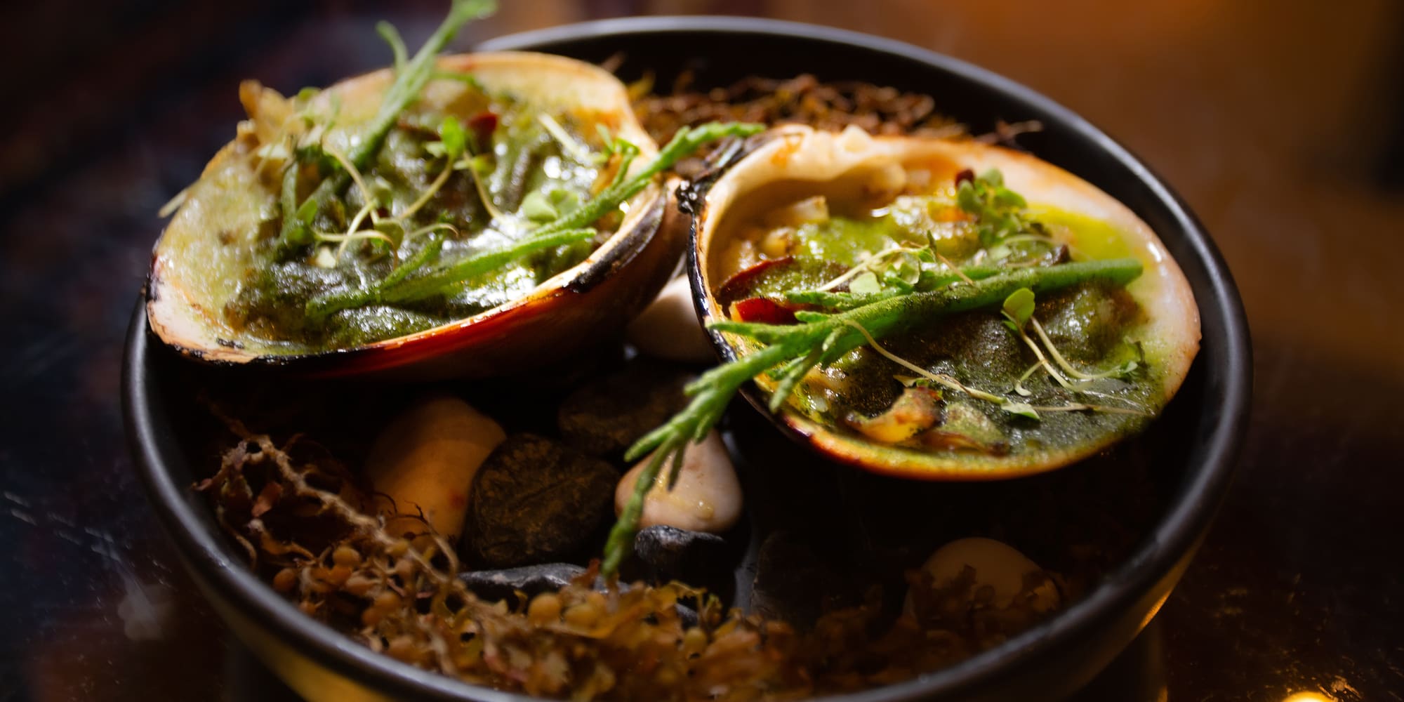 a bowl of food with a couple of shells