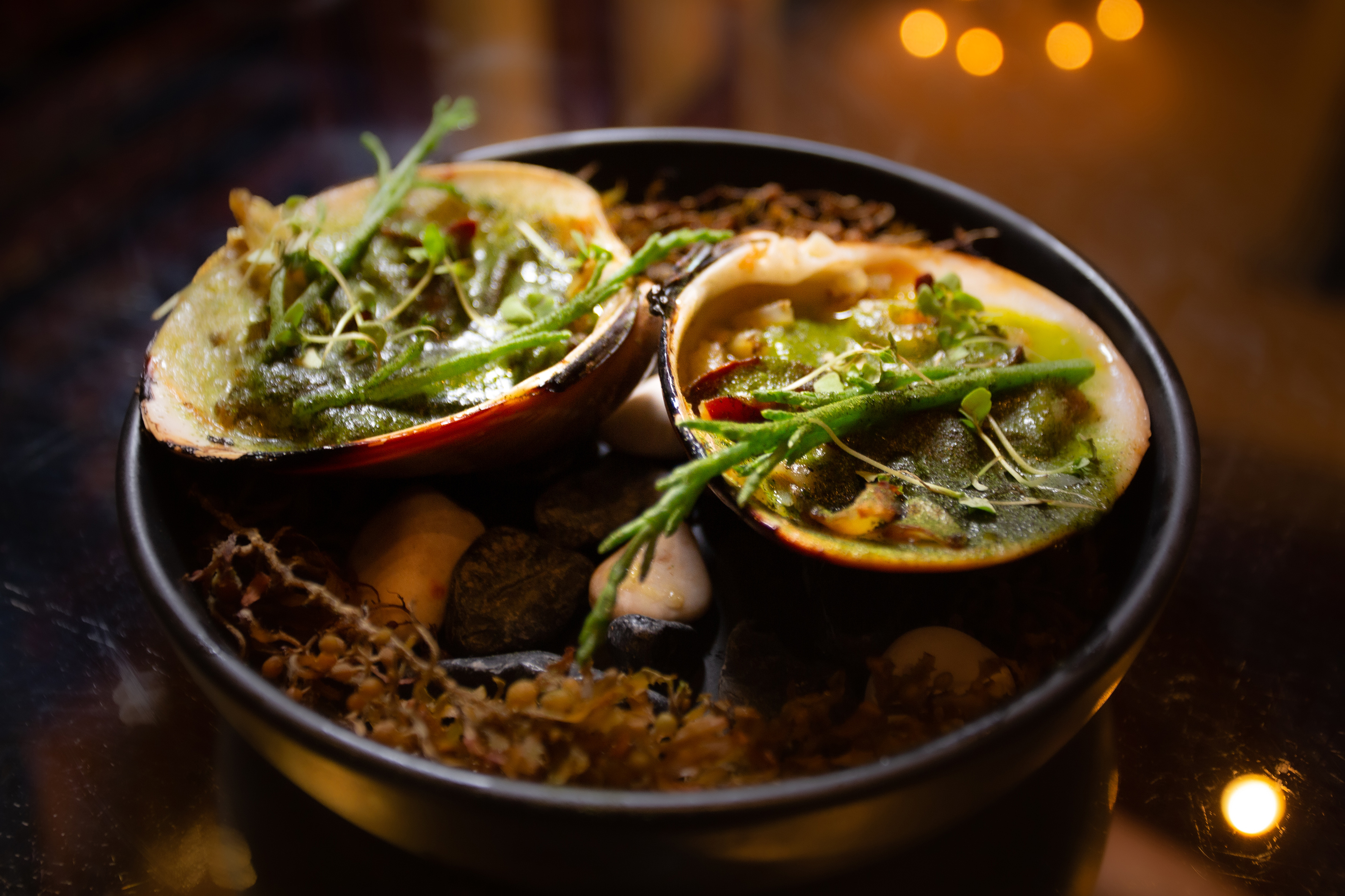 a bowl of food with a couple of shells