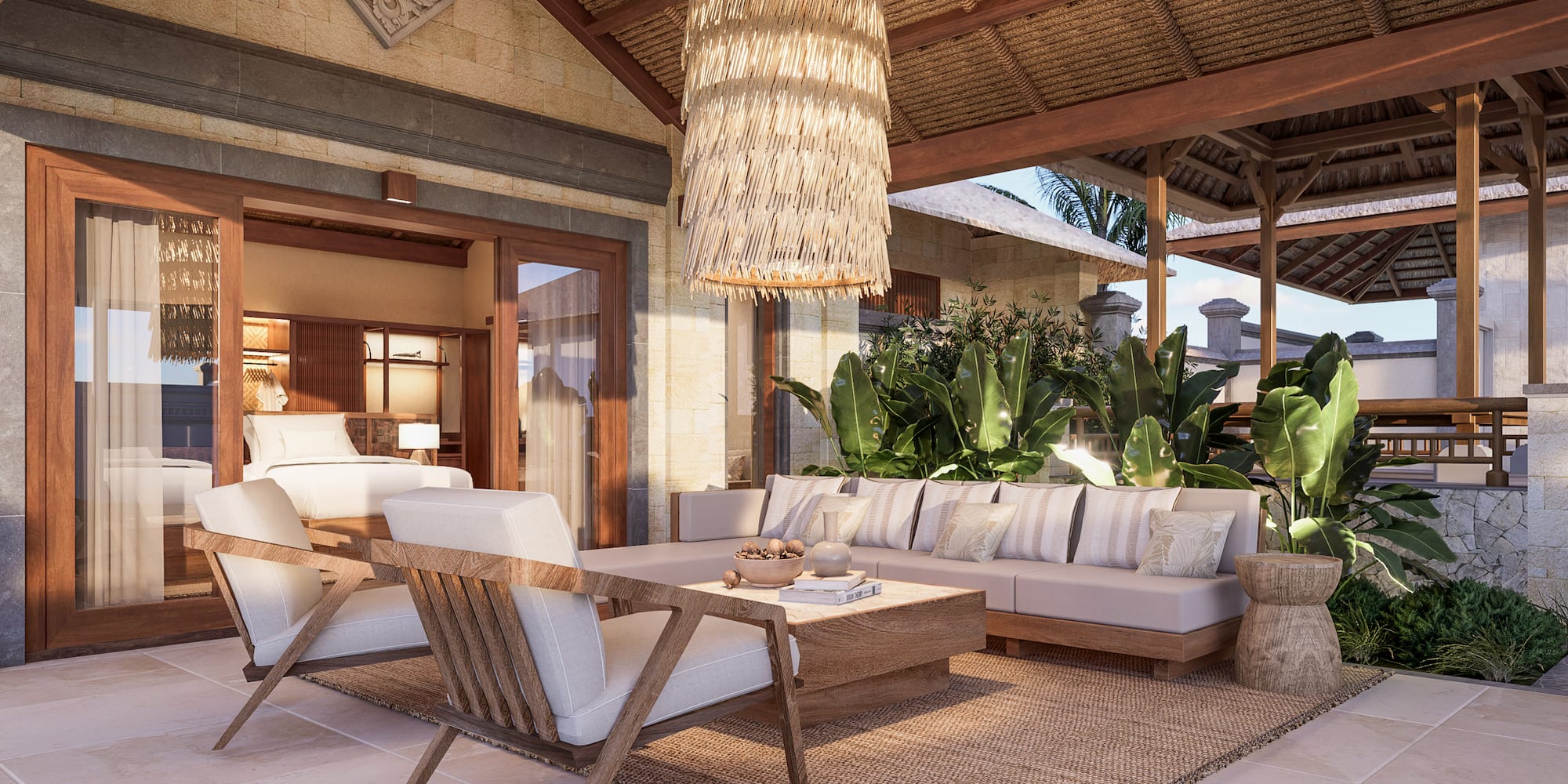 a living room with a large chandelier and a couch