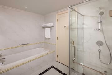 a bathroom with a bathtub and shower