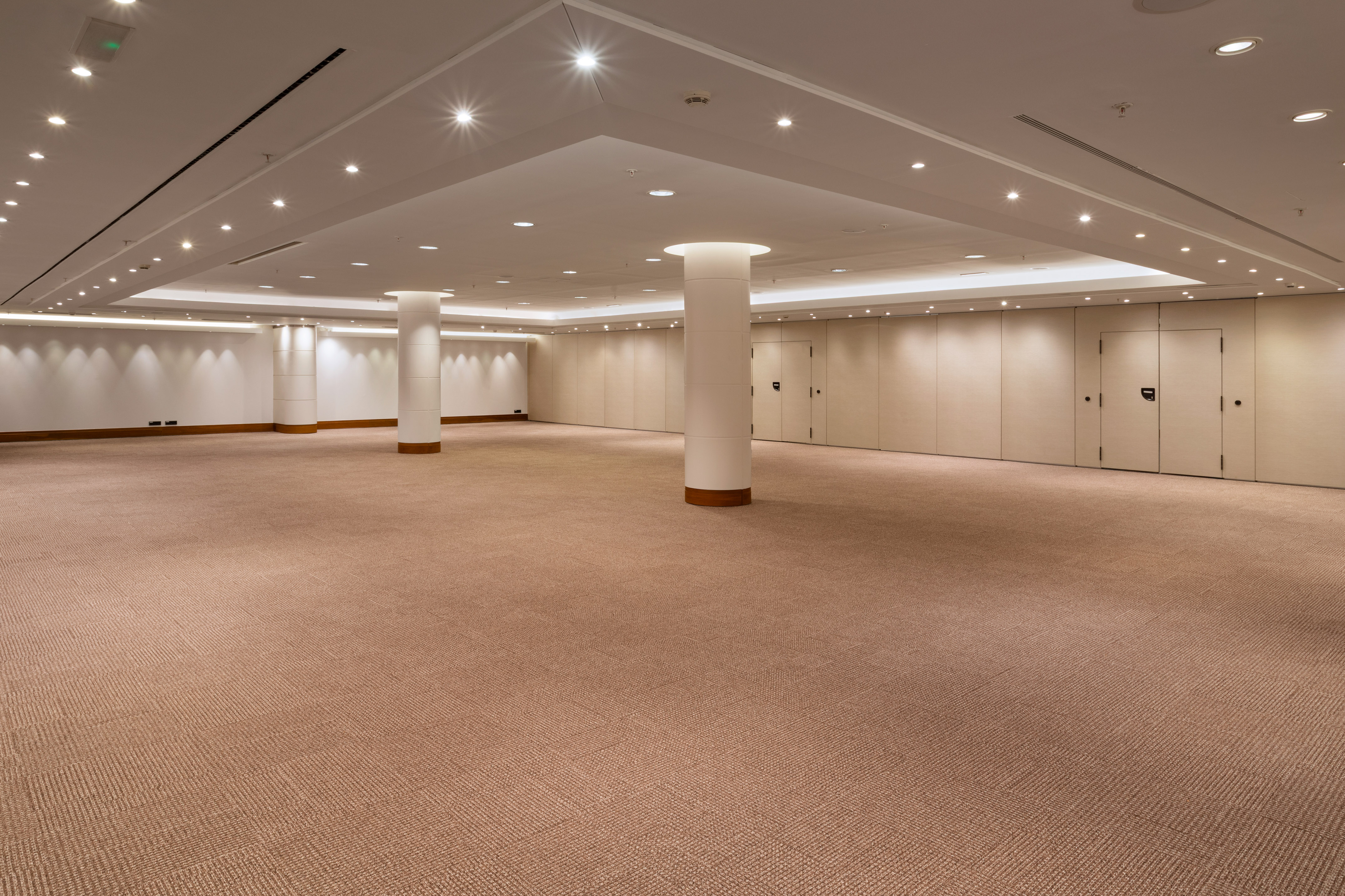 Spacious empty conference hall with beige carpet and partition walls.