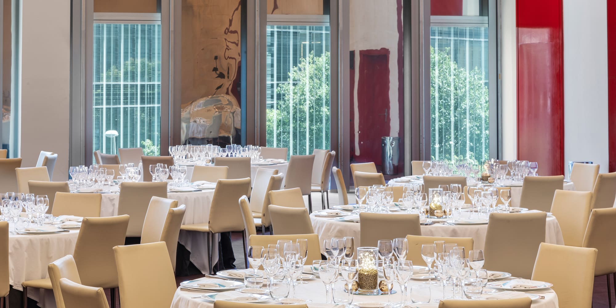 a room with tables and chairs