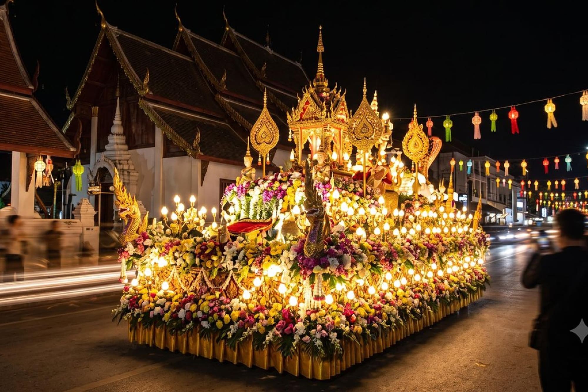 Ornate Thai parade float with bright lights and colorful flowers at night.
