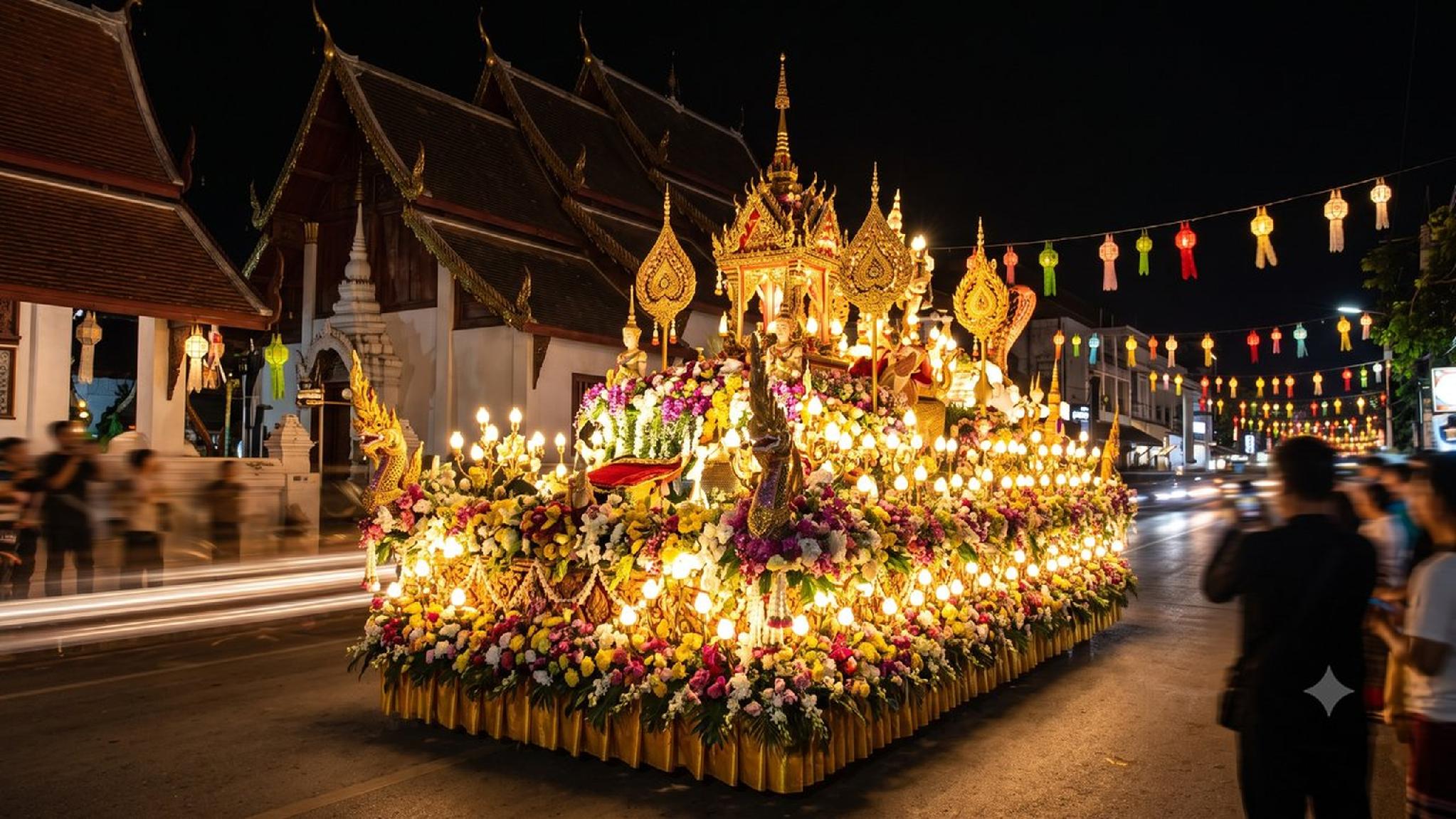 Ornate Thai parade float with bright lights and colorful flowers at night.